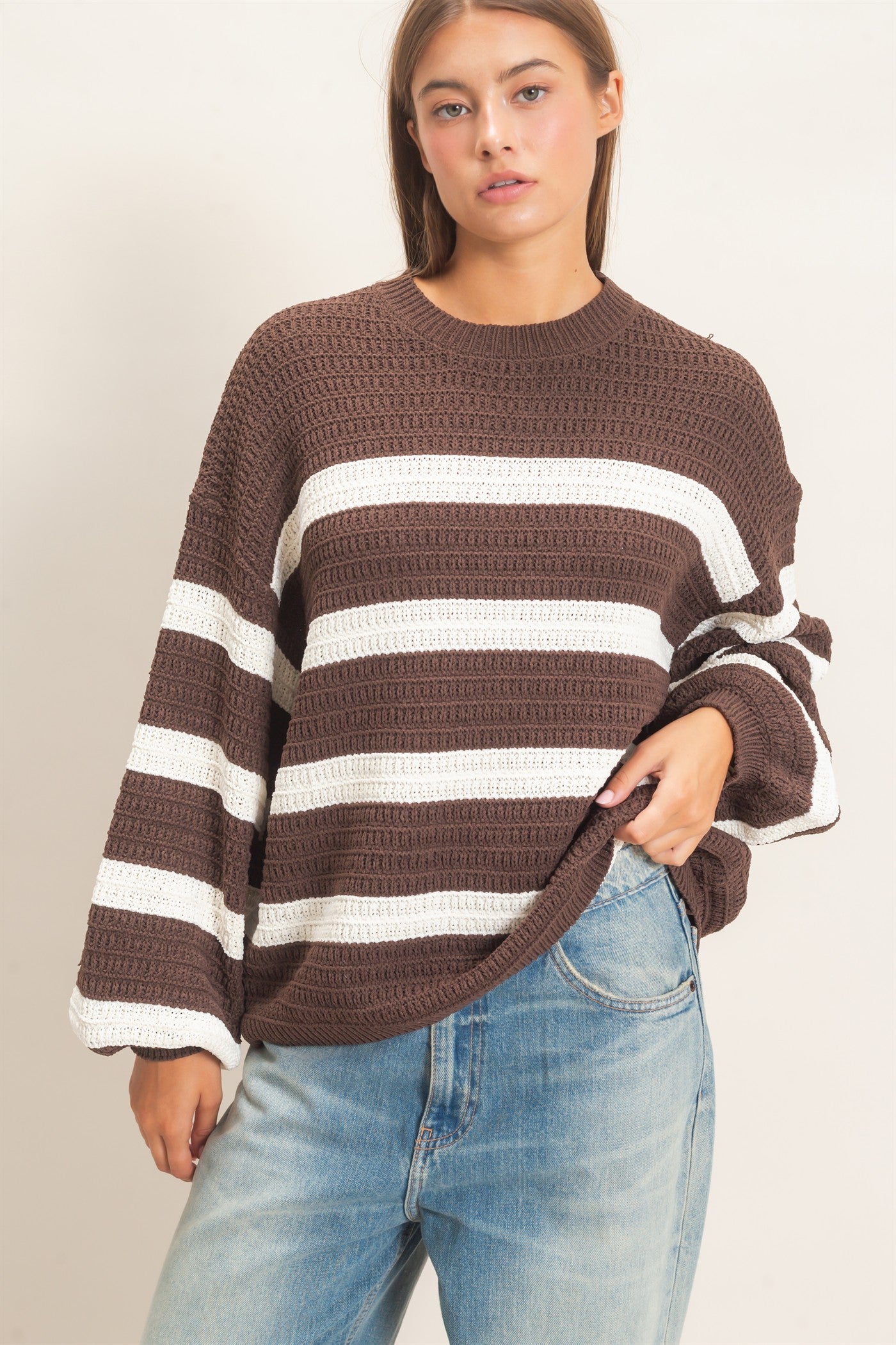 Wholesale Striped Oversized Sweater Sweaters DZ27A192 DARK BROWN DOUBLE ZERO