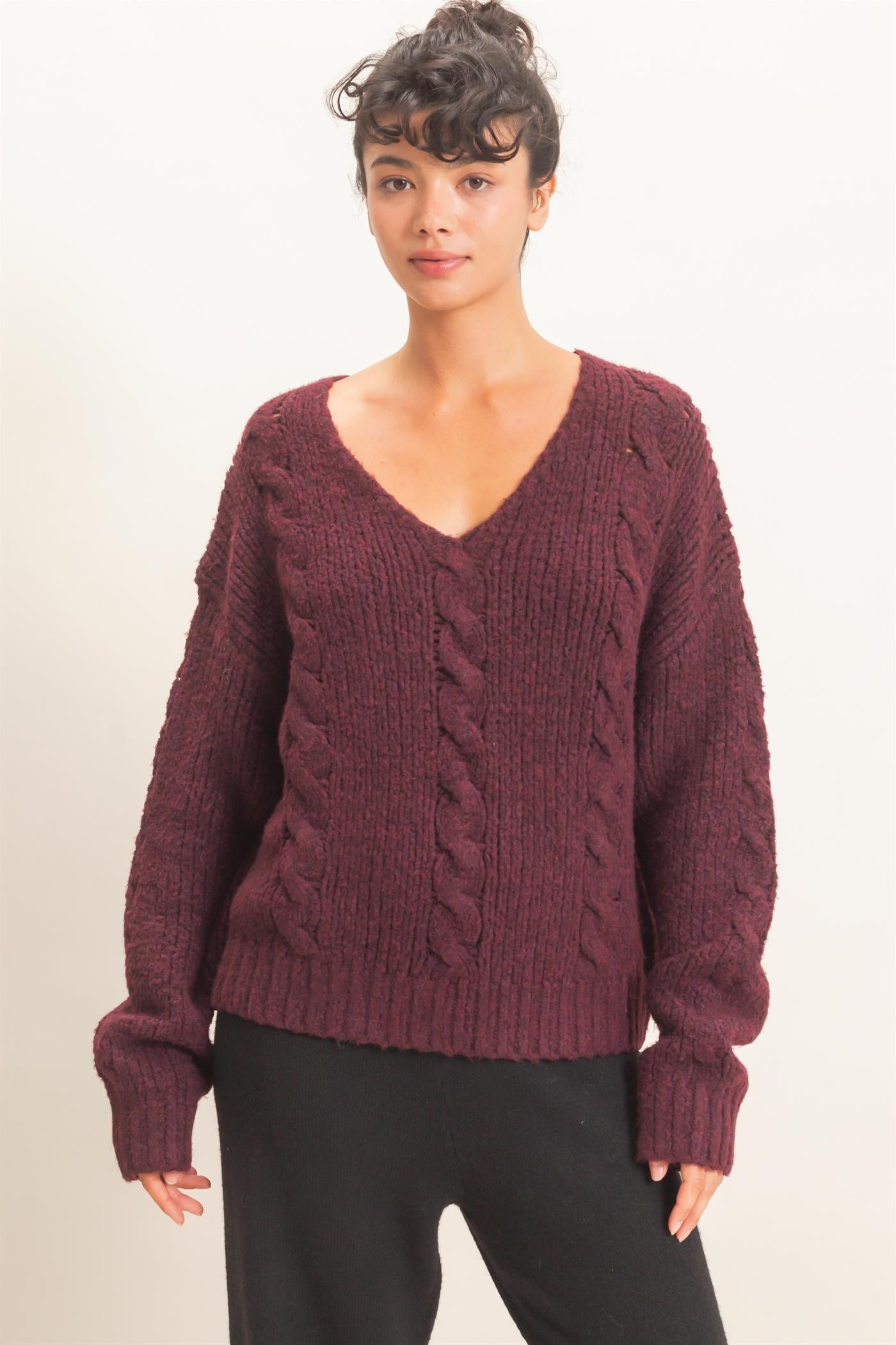Wholesale Cable Knit V-Neck Sweater Sweaters DZ26E107 DARK CHERRY DOUBLE ZERO