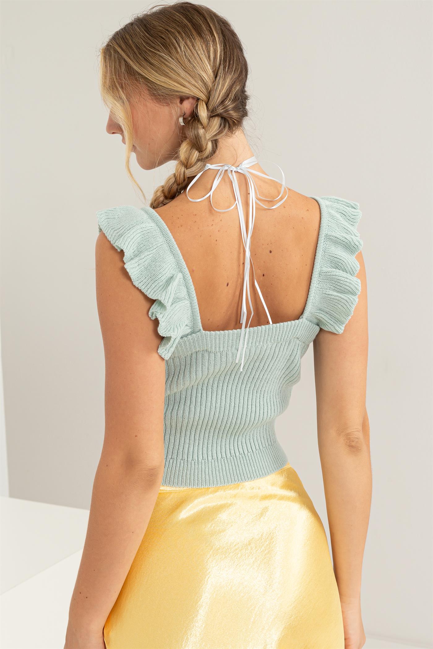 Wholesale Ribbed Ruffle Crop Top Clothing Tops DZ24A505 MINT DOUBLE ZERO