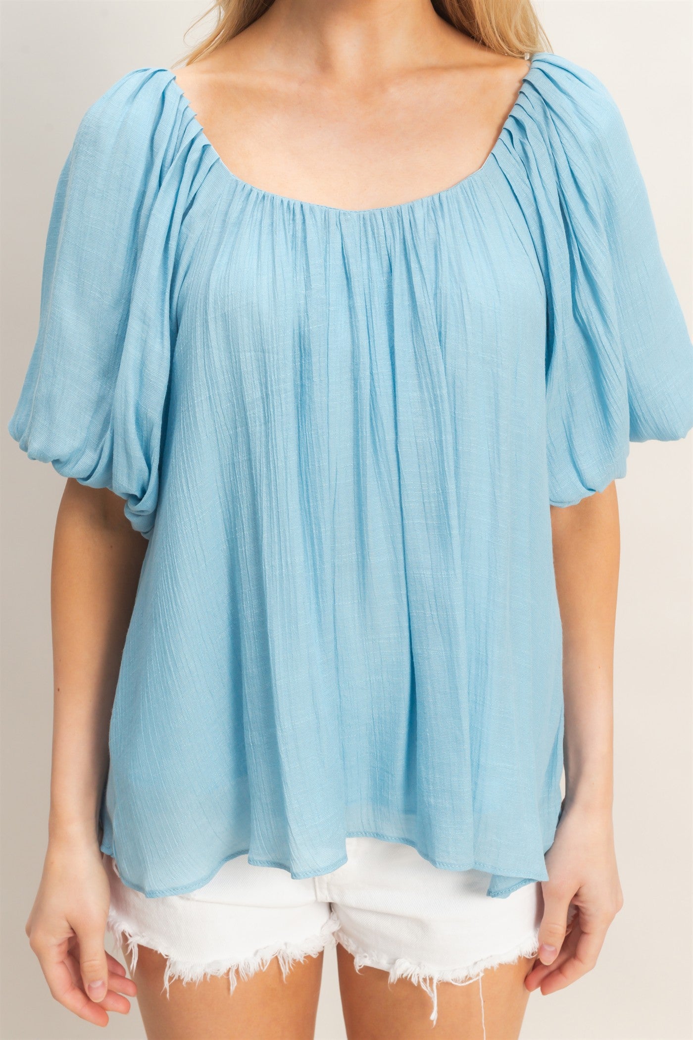 Wholesale Gathered Puff Sleeve Blouse Blouses HF26C307 SKY BLUE HYFVE
