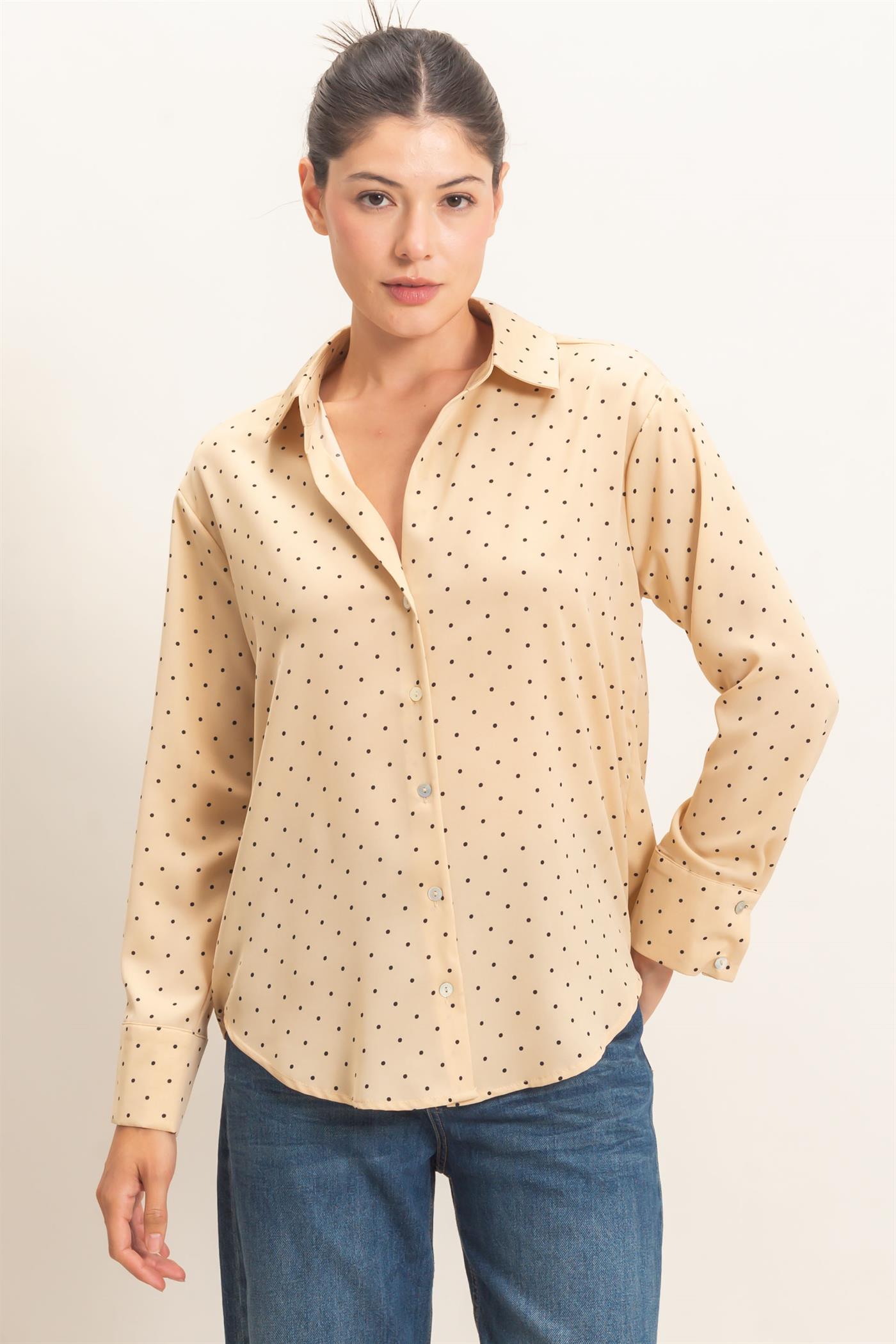 Wholesale Button-Up Polka Dot Shirt Shirts HF26F401 BEIGE HYFVE