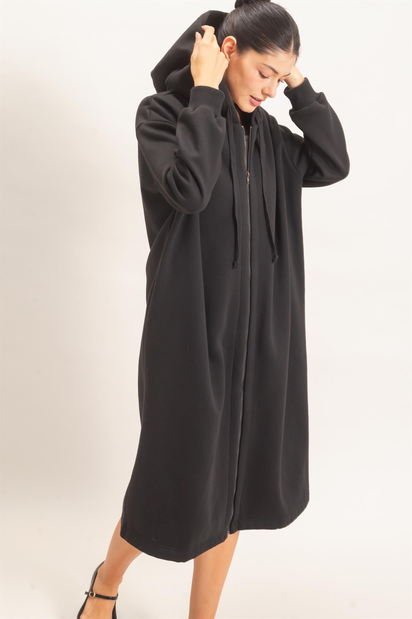 Wholesale Oversized Longline Zip-Up Hoodie Jacket Outerwear HF26E650 BLACK HYFVE