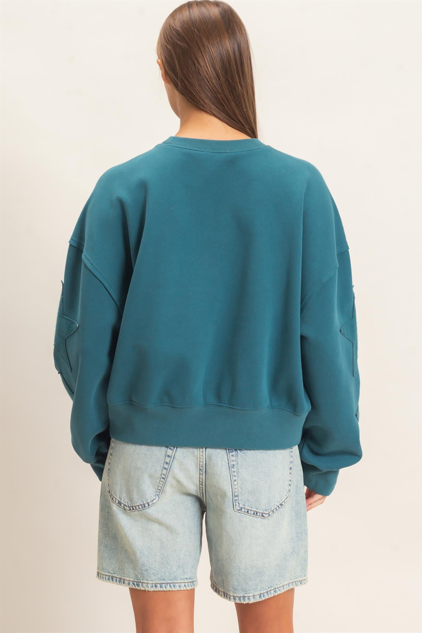 Wholesale Star Patch Sleeve Sweatshirt Sweatshirts DZ26E888 DARK TEAL DOUBLE ZERO