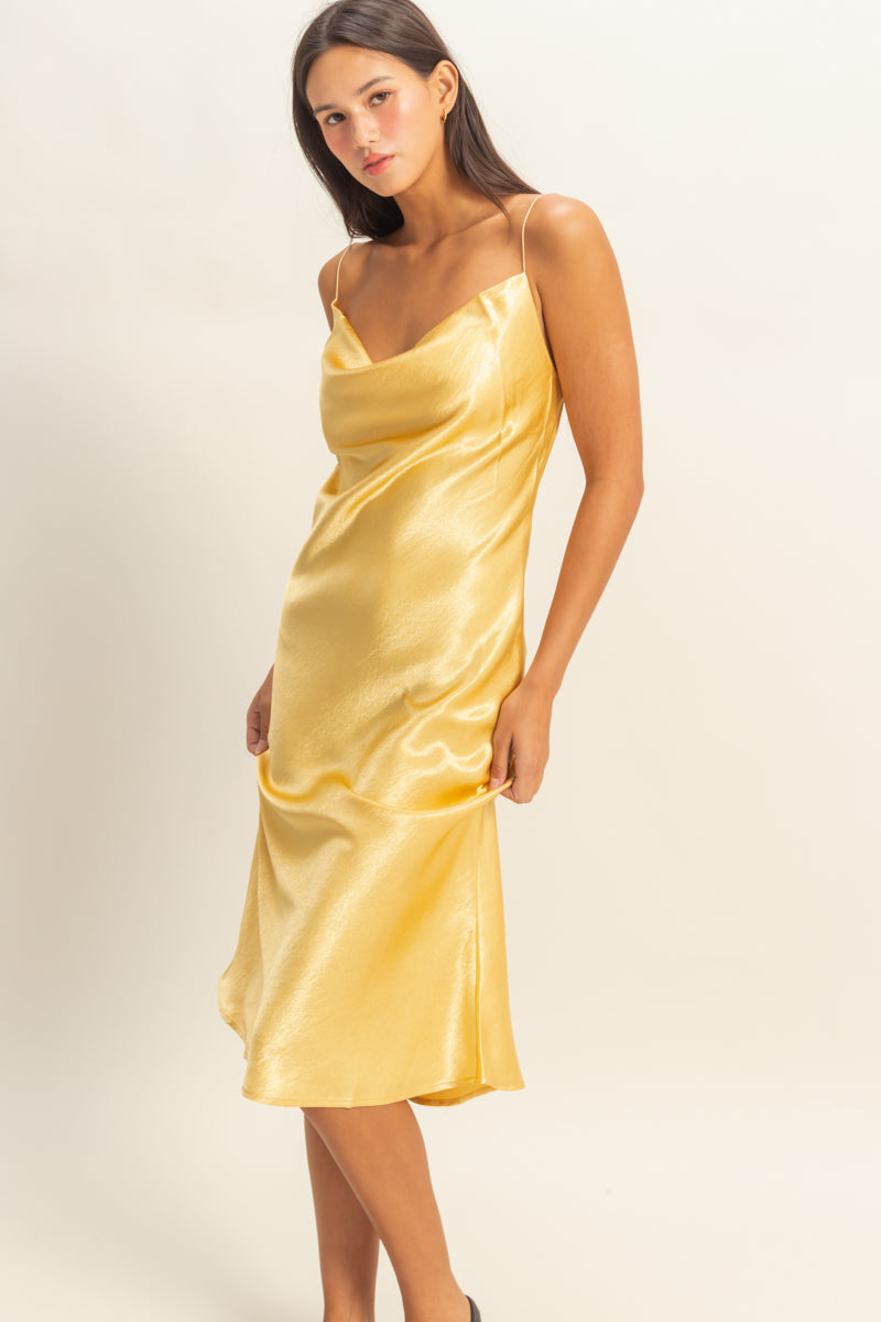 Wholesale Cowl Neck Satin Midi Dress Dresses DZ22A734 GOLD DOUBLE ZERO