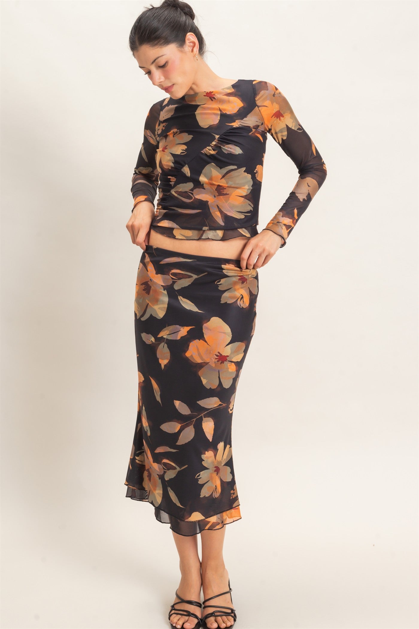 Wholesale Floral Mesh Top And Skirt Set Clothing HF26C933-SET BLACK HYFVE