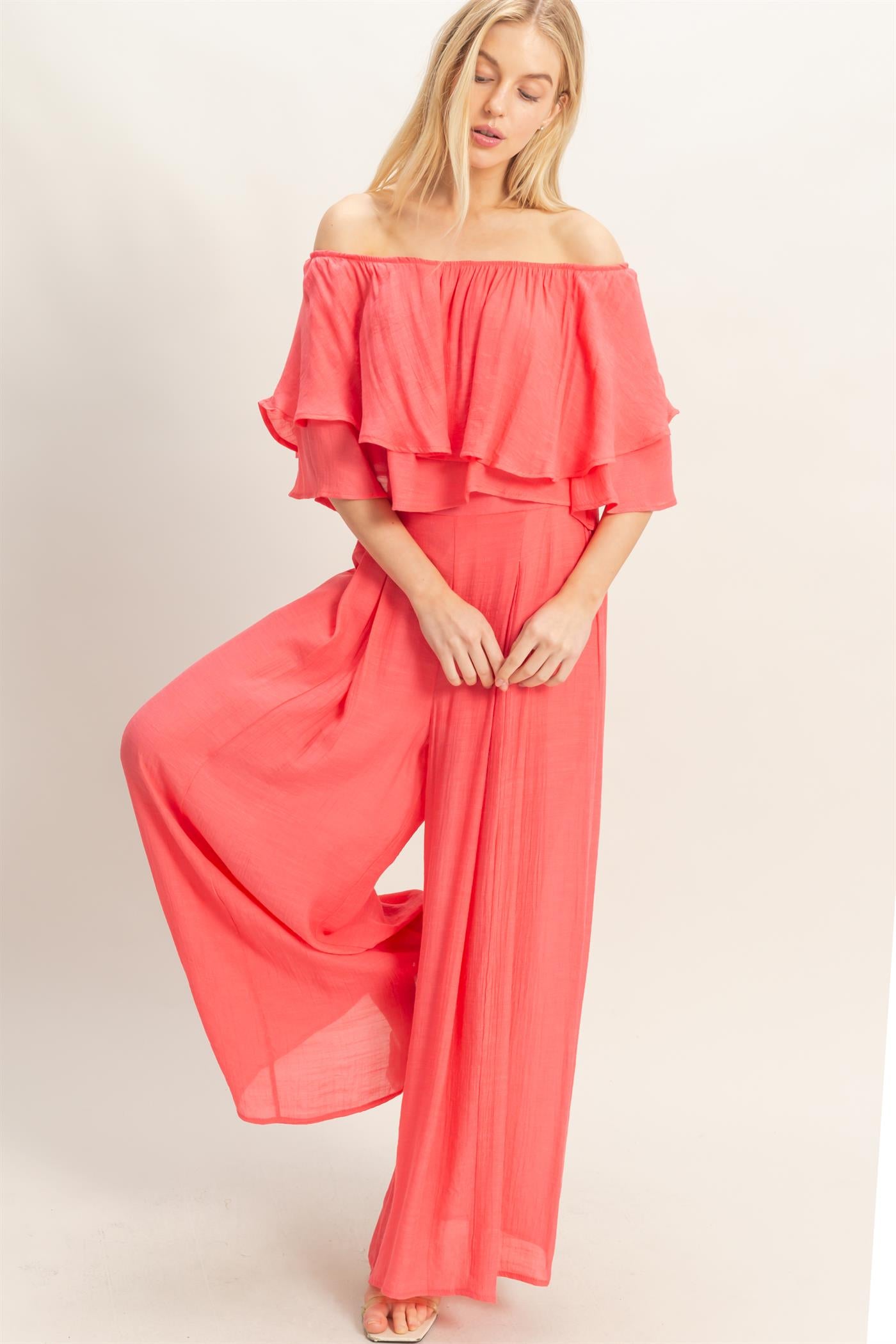 Wholesale Off Shoulder Top & Pleated Pant Set Clothing HF26C291-SET-D CORAL RED HYFVE