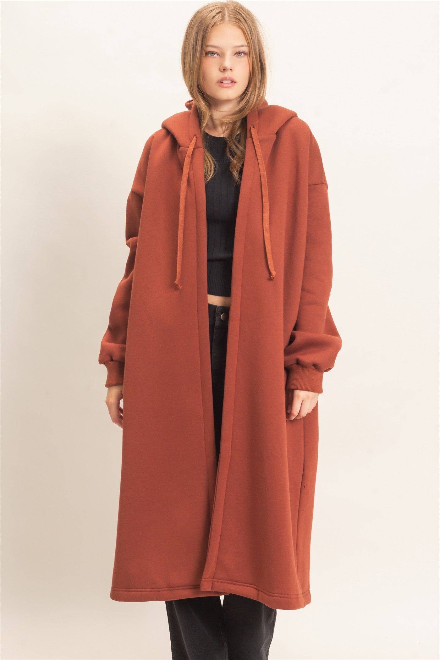 Wholesale Oversized Hooded Open Front Coat Coats & Jackets HF26F142-D BRICK HYFVE