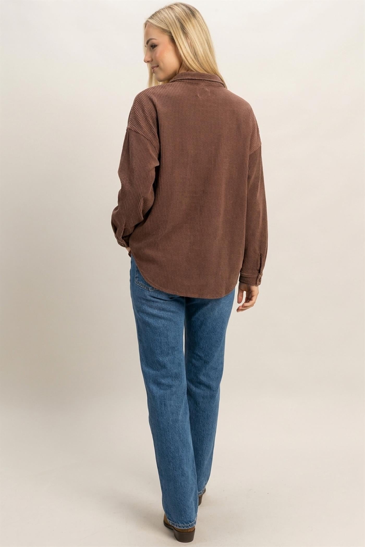 Wholesale Mineral Wash Waffle Knit Button-Up Shacket Coats & Jackets DZ26E249 DARK BROWN DOUBLE ZERO