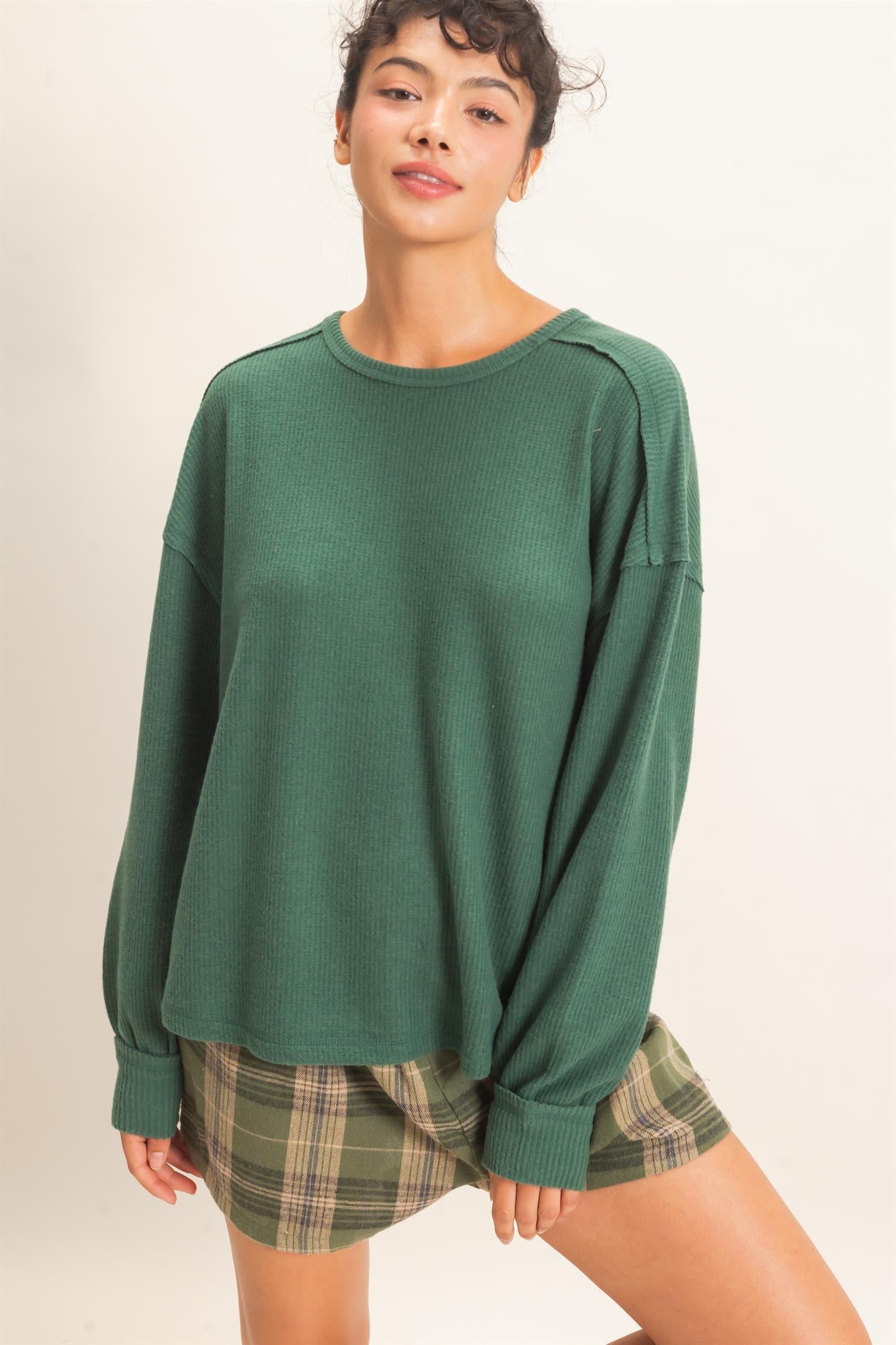 Wholesale Raw Edge Waffle Sweatshirt Sweatshirts DZ26F081 DARK GREEN HYFVE