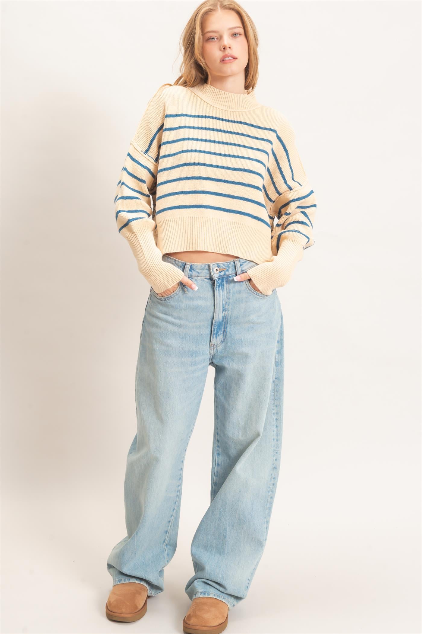 Wholesale Striped Mock Neck Cropped Sweater Sweaters HF26F192 BLUE HYFVE