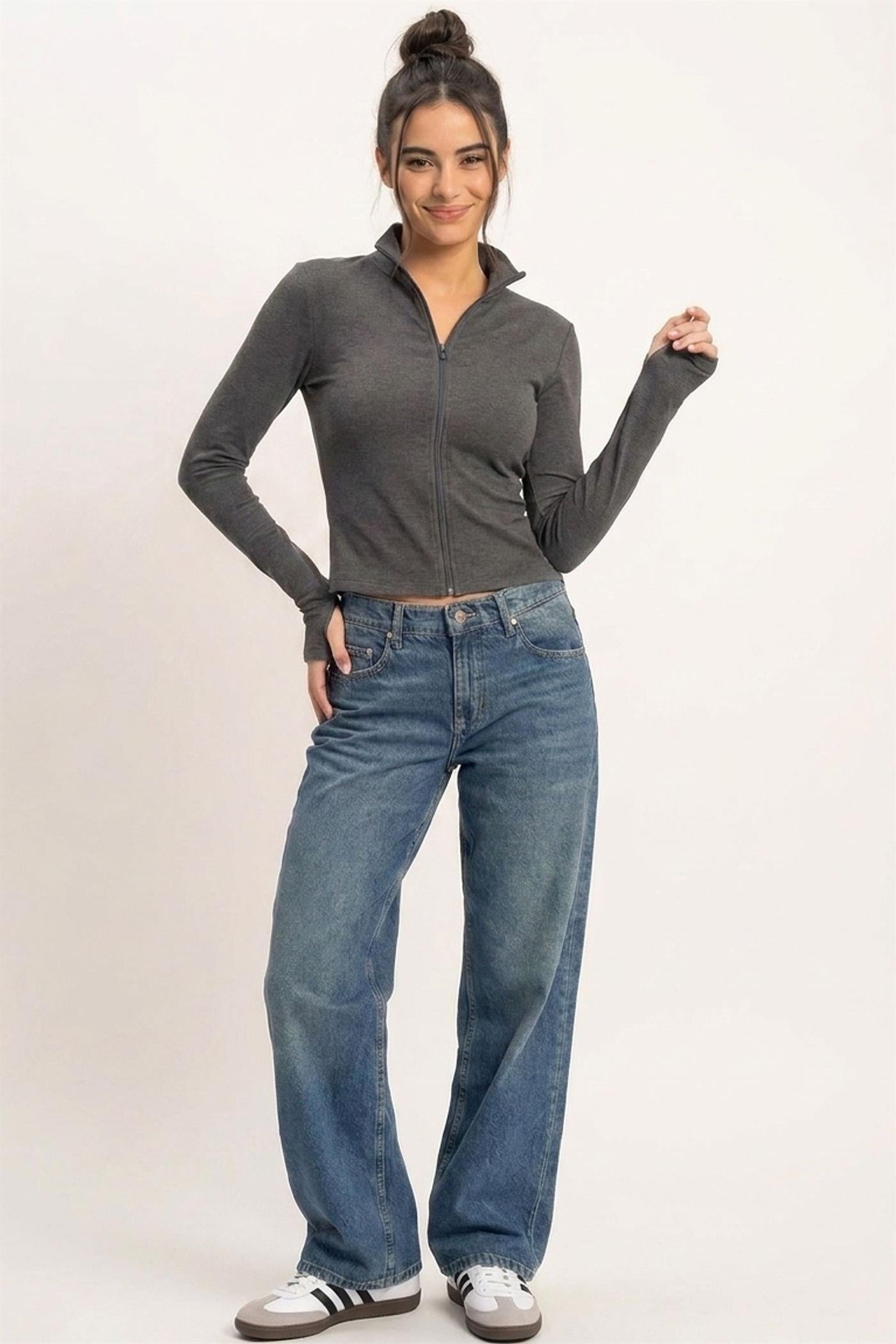 Wholesale Mock Neck Long Sleeve Zip Up Top Clothing Tops DZ26E911 BLACK DOUBLE ZERO