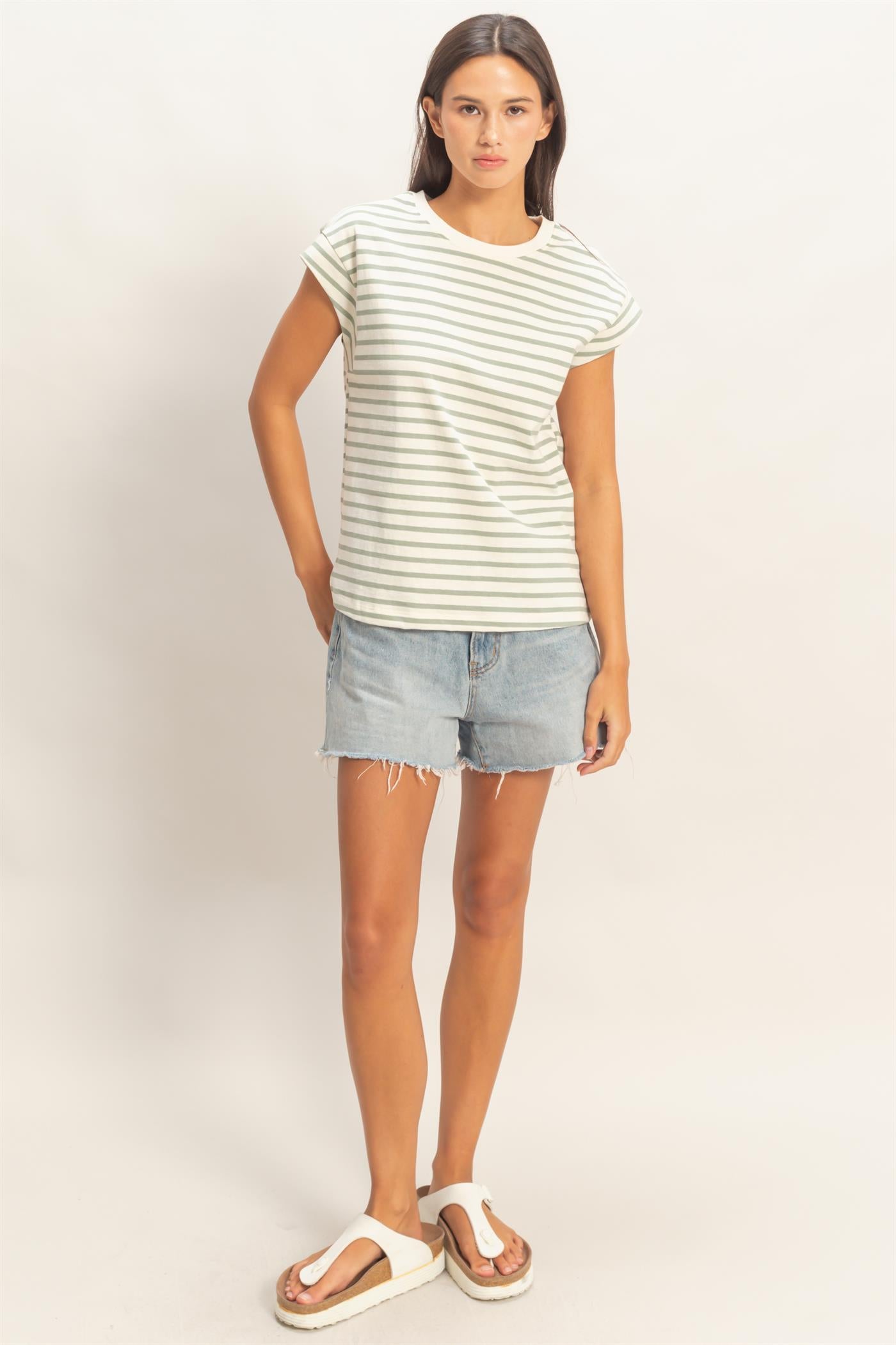 Wholesale Striped Cap Sleeve Relaxed Everyday Tee Clothing Tops DZ26C059 SAGE GREEN DOUBLE ZERO