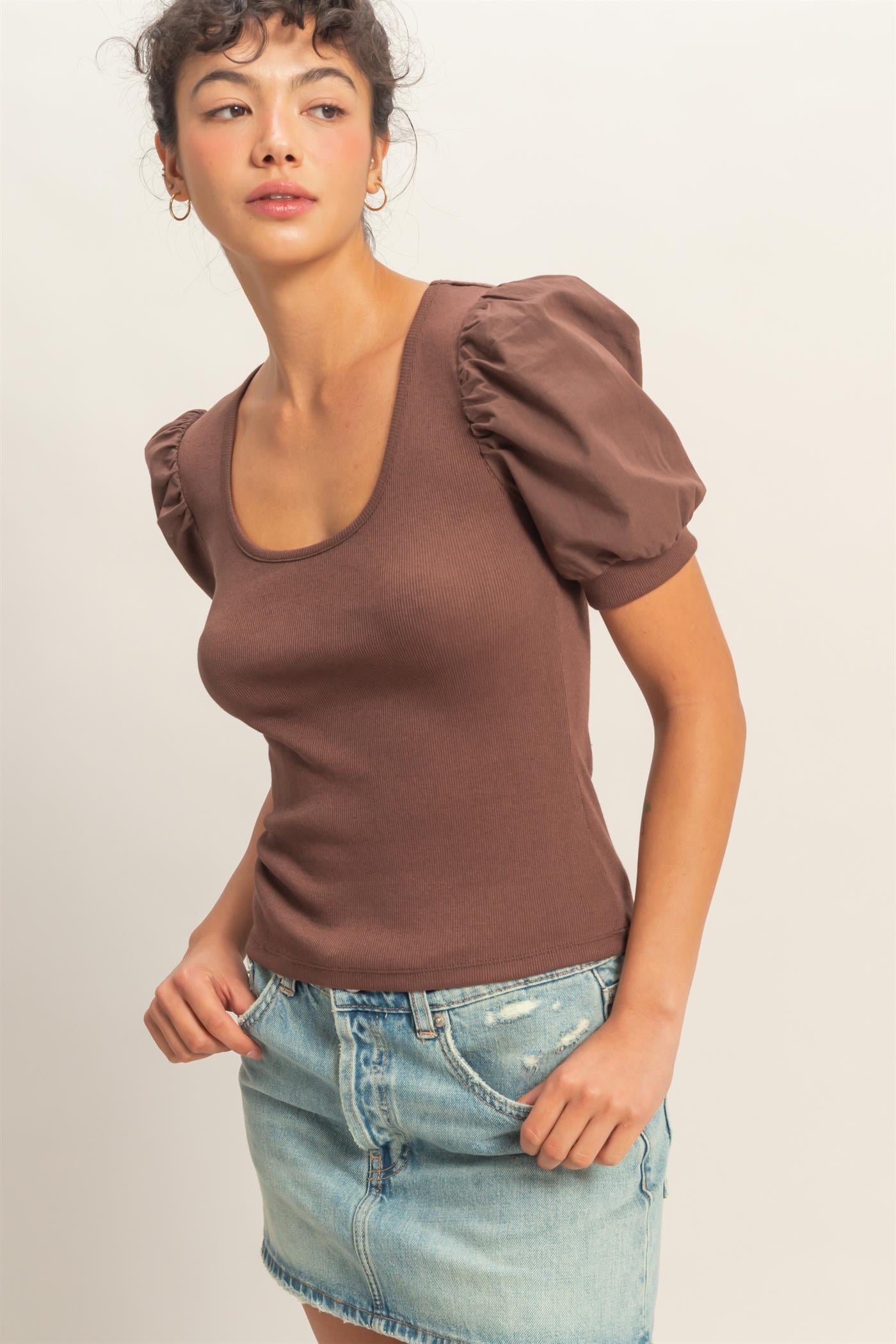 Wholesale Ribbed Puff Sleeve Scoop Neck Top Clothing Tops DZ26C071 CHOCOLATE DOUBLE ZERO