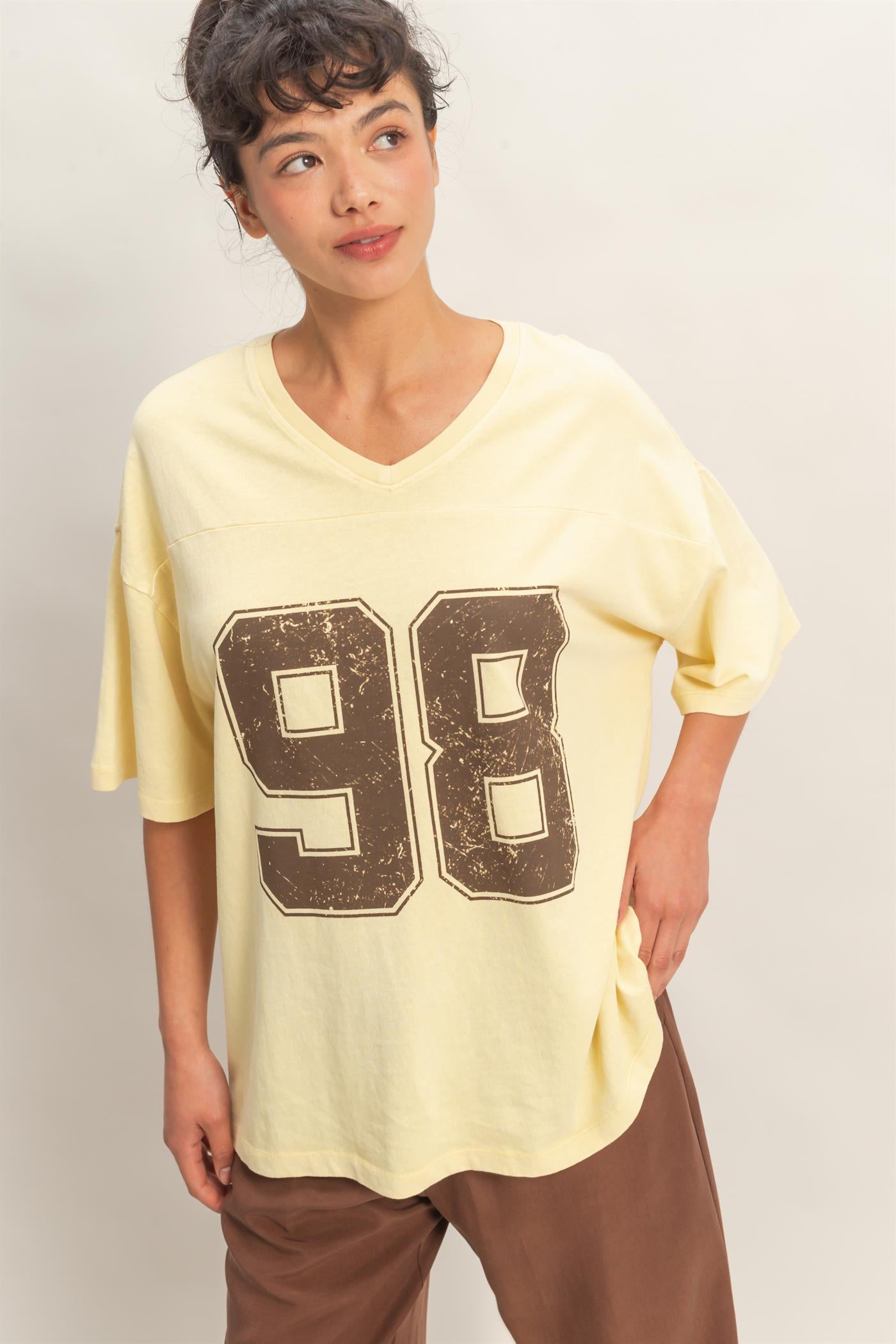 Wholesale Oversized Varsity Style V-Neck Graphic T-Shirt T-Shirts DZ26C200 PALE YELLOW DOUBLE ZERO