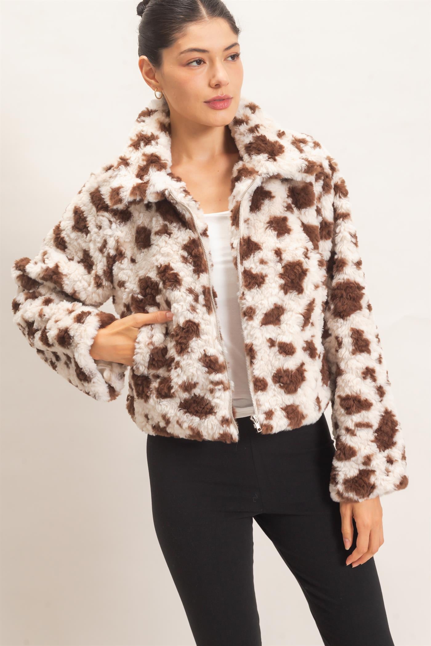 Wholesale Cow Print Faux Fur Zip-Up Jacket Coats & Jackets HF26F056 BROWN HYFVE