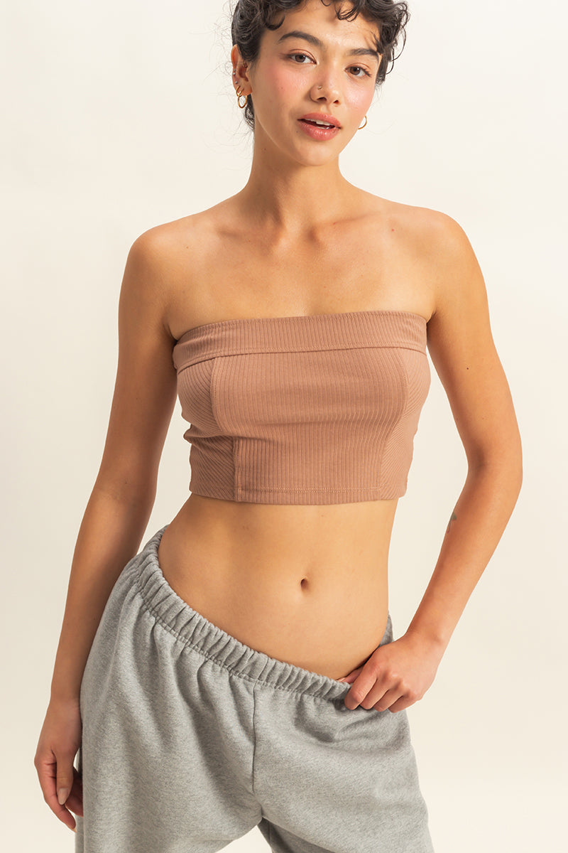 Wholesale Strapless Ribbed Crop Top Clothing Tops DZ23E512 CHOCOLATE MILK DOUBLE ZERO