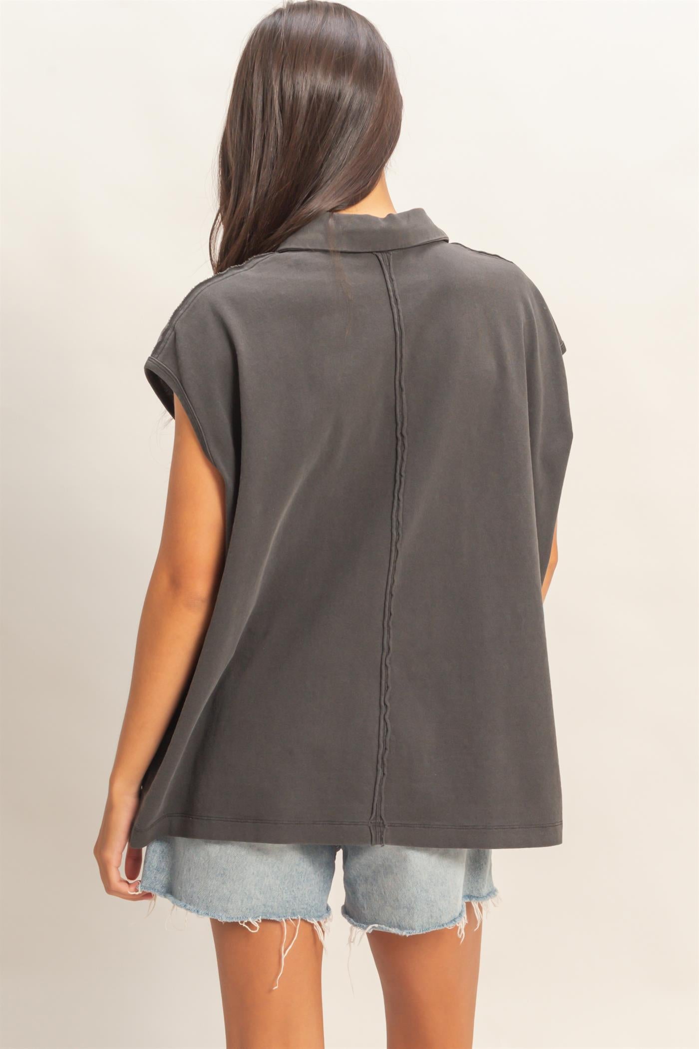 Wholesale Pigment Dye Sleeveless Polo Oversized Top Clothing Tops DZ26C618 BLACK DOUBLE ZERO