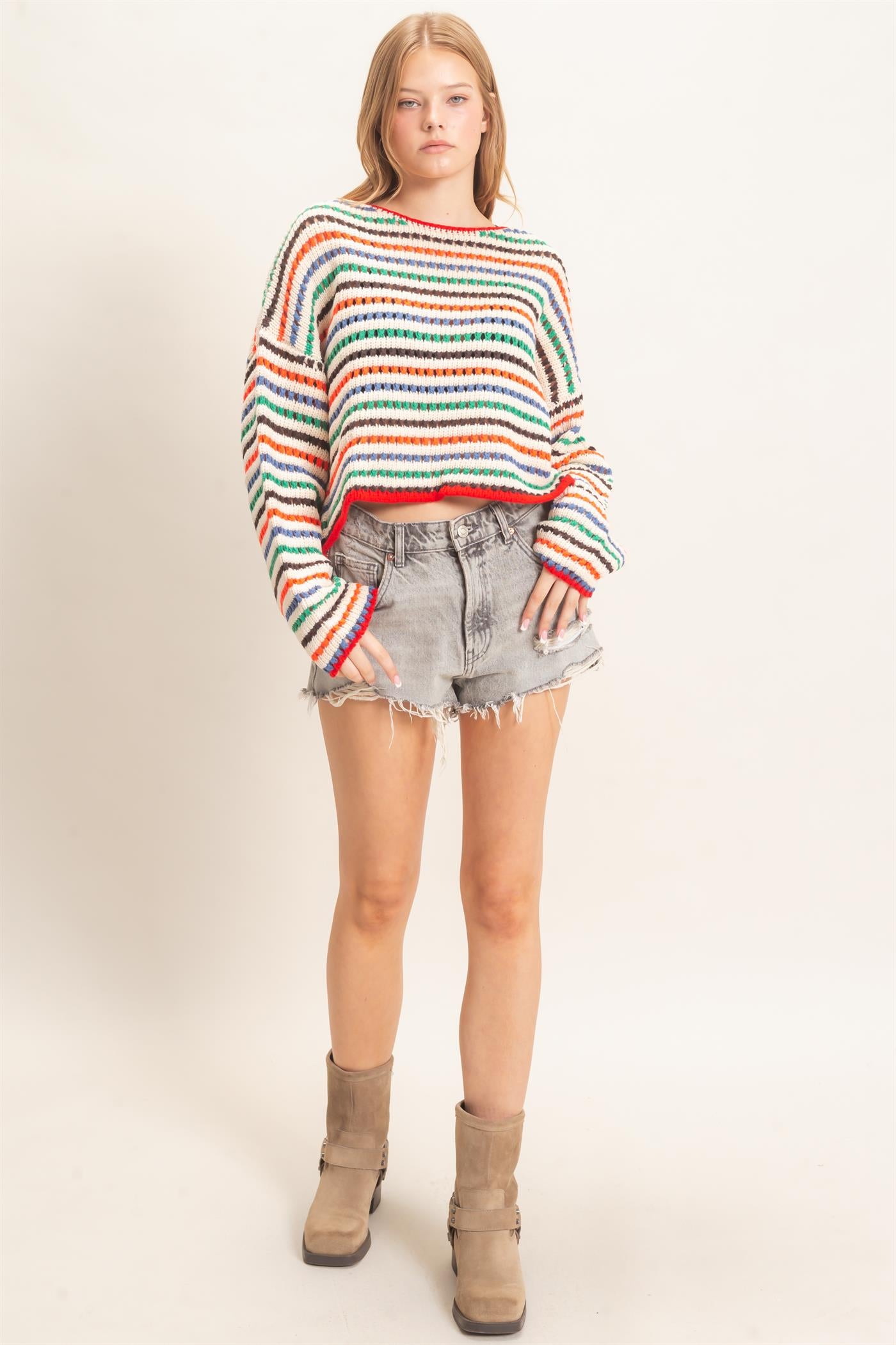 Wholesale Striped Knit Sweater Sweaters HF26F189 CREAM HYFVE
