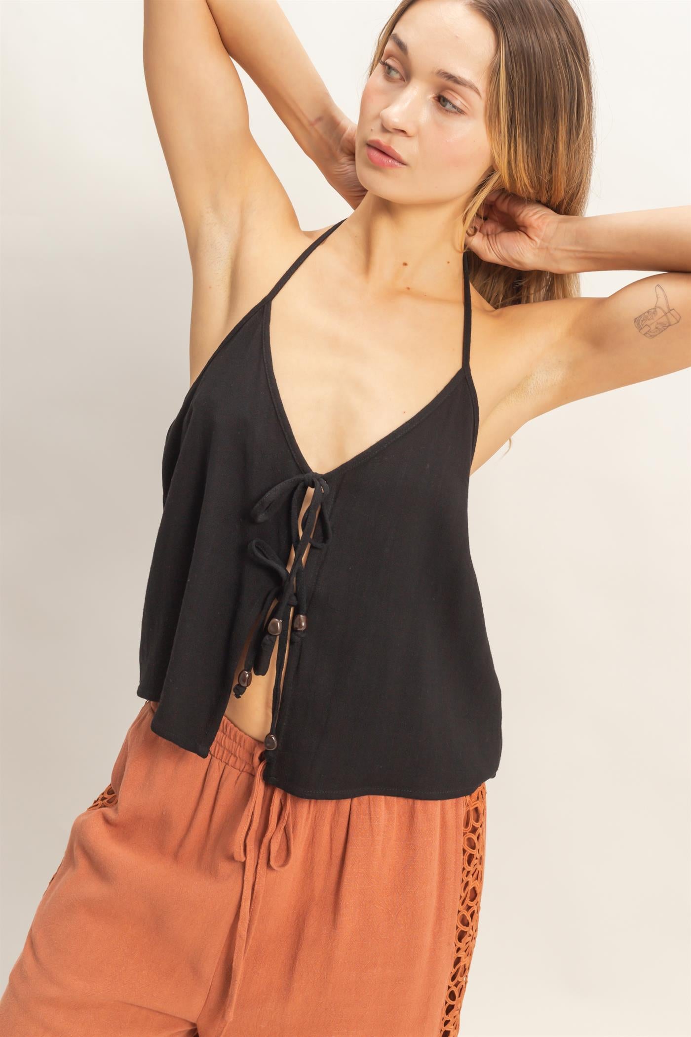 Wholesale Halter Tie Front Top With Beads Detail Blouses HF26A836 BLACK HYFVE