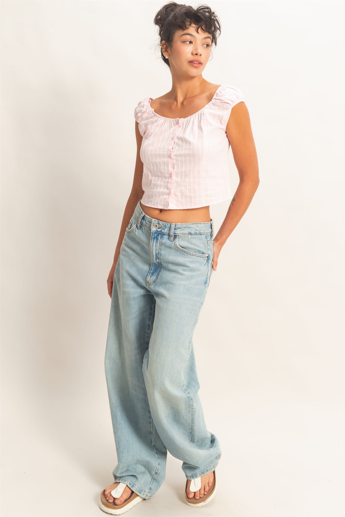 Wholesale Button Front Scoop Neck Cap Sleeve Top Blouses DZ26C199 SOFT PINK DOUBLE ZERO