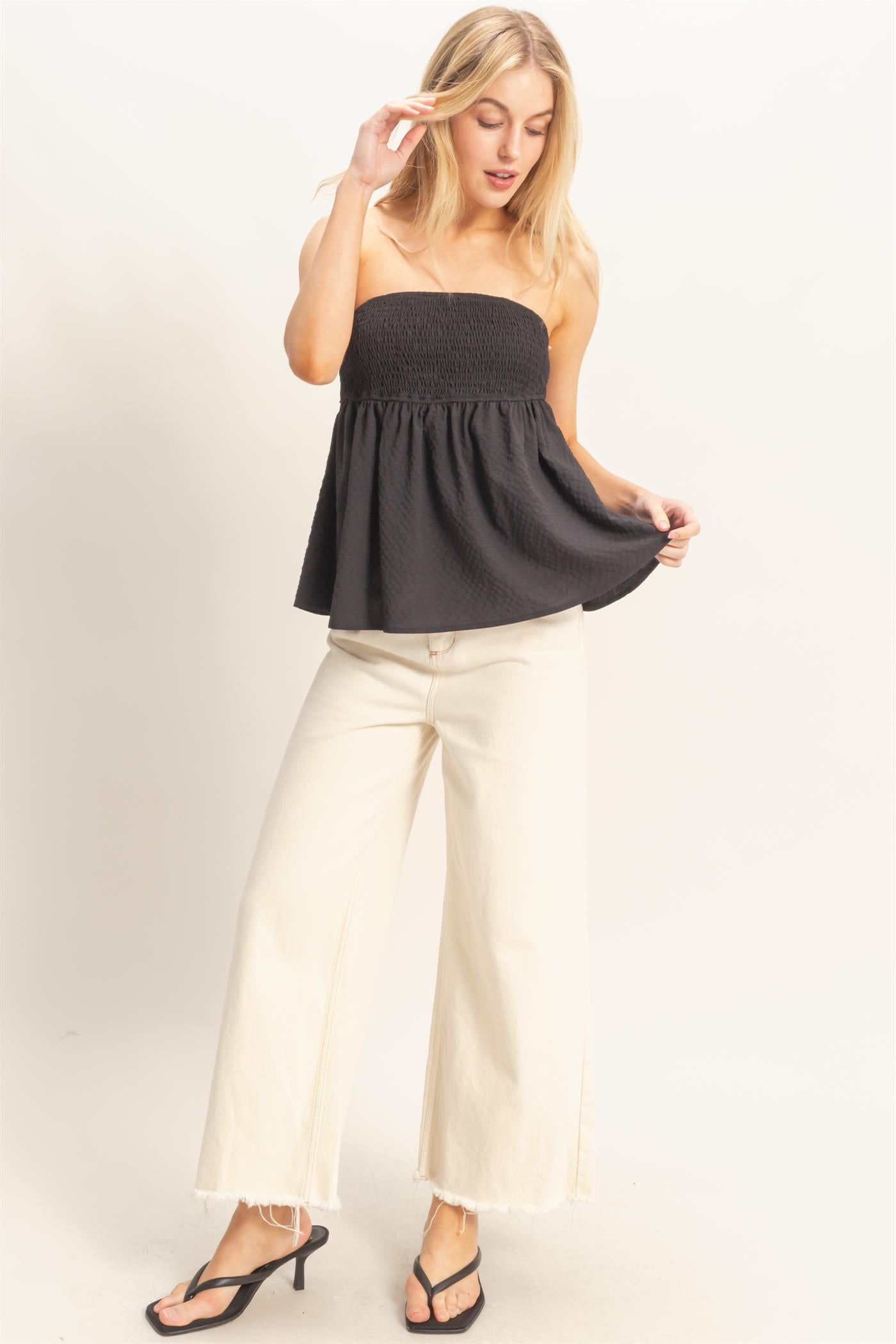Wholesale Smocked Tube Top With Tie Back Clothing Tops HF26A757 BLACK HYFVE