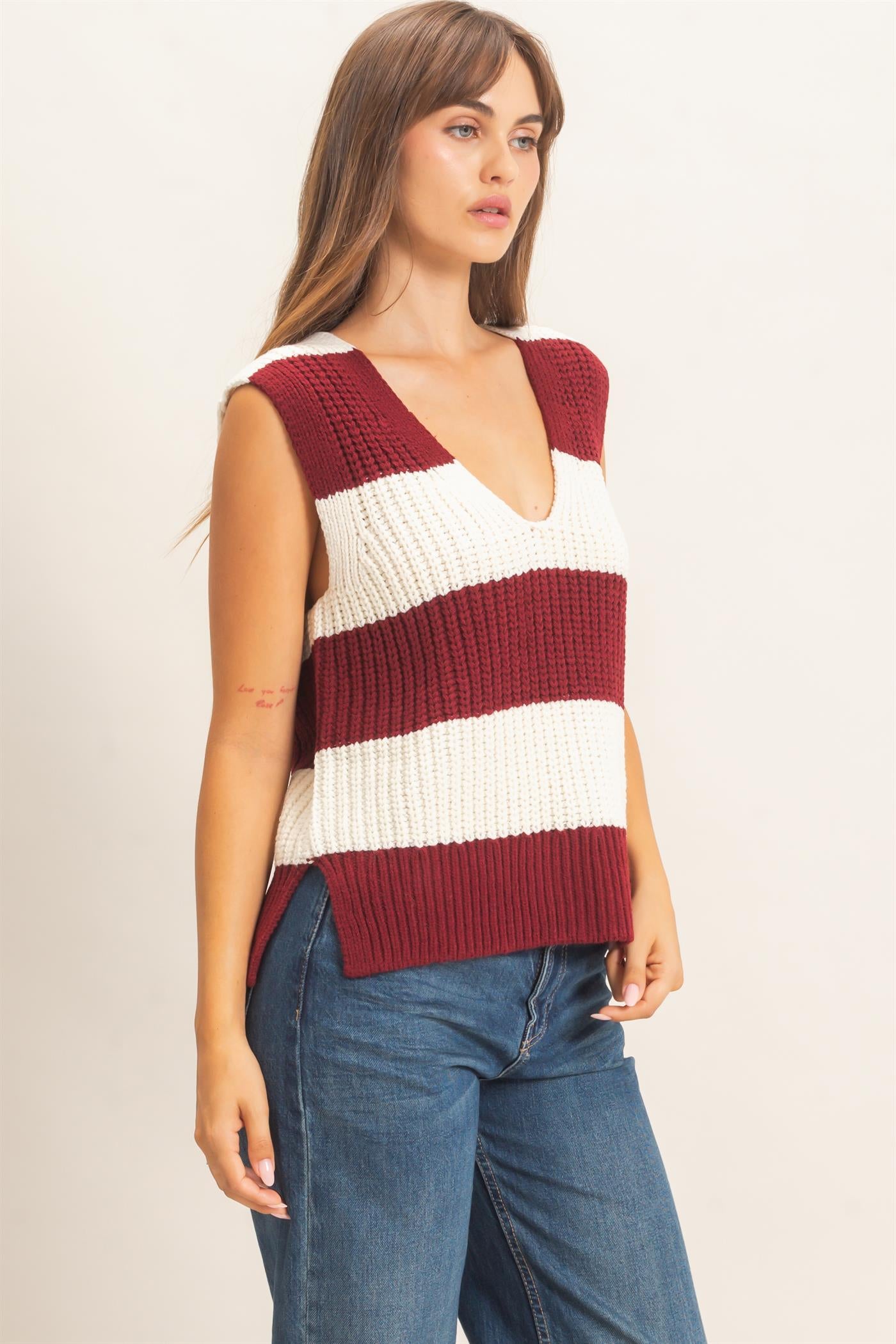 Wholesale V-Neck Striped Sweater Vest Sweaters HF26E482-D BURGUNDY HYFVE