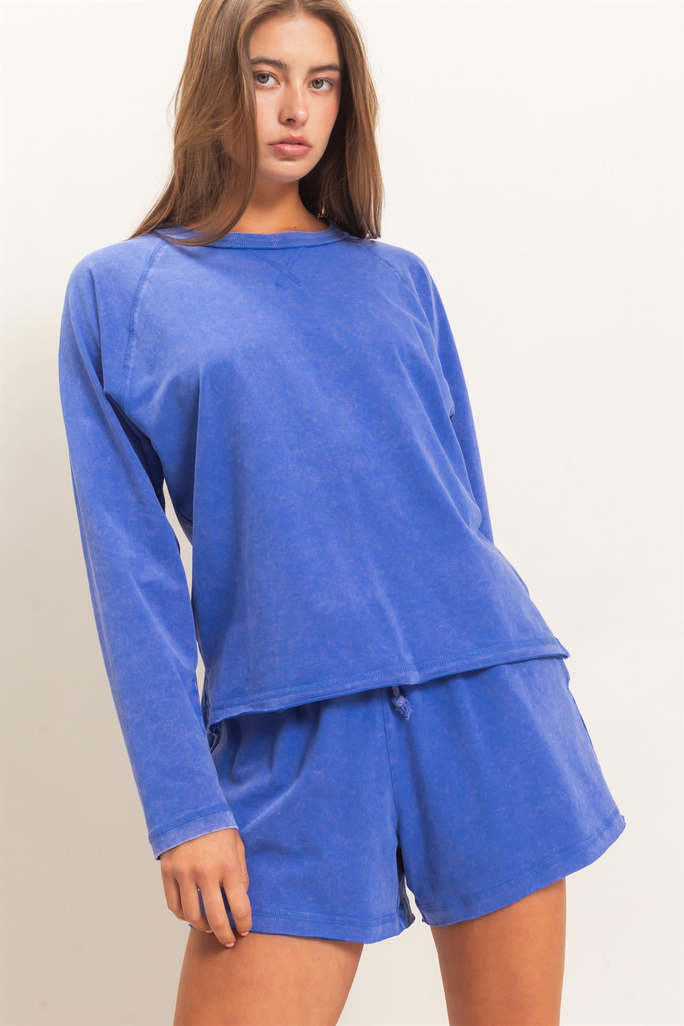Wholesale Mineral Wash Long Sleeve Raw Edge Top & Shorts Set Clothing DZ26F403-SET COBALT DOUBLE ZERO