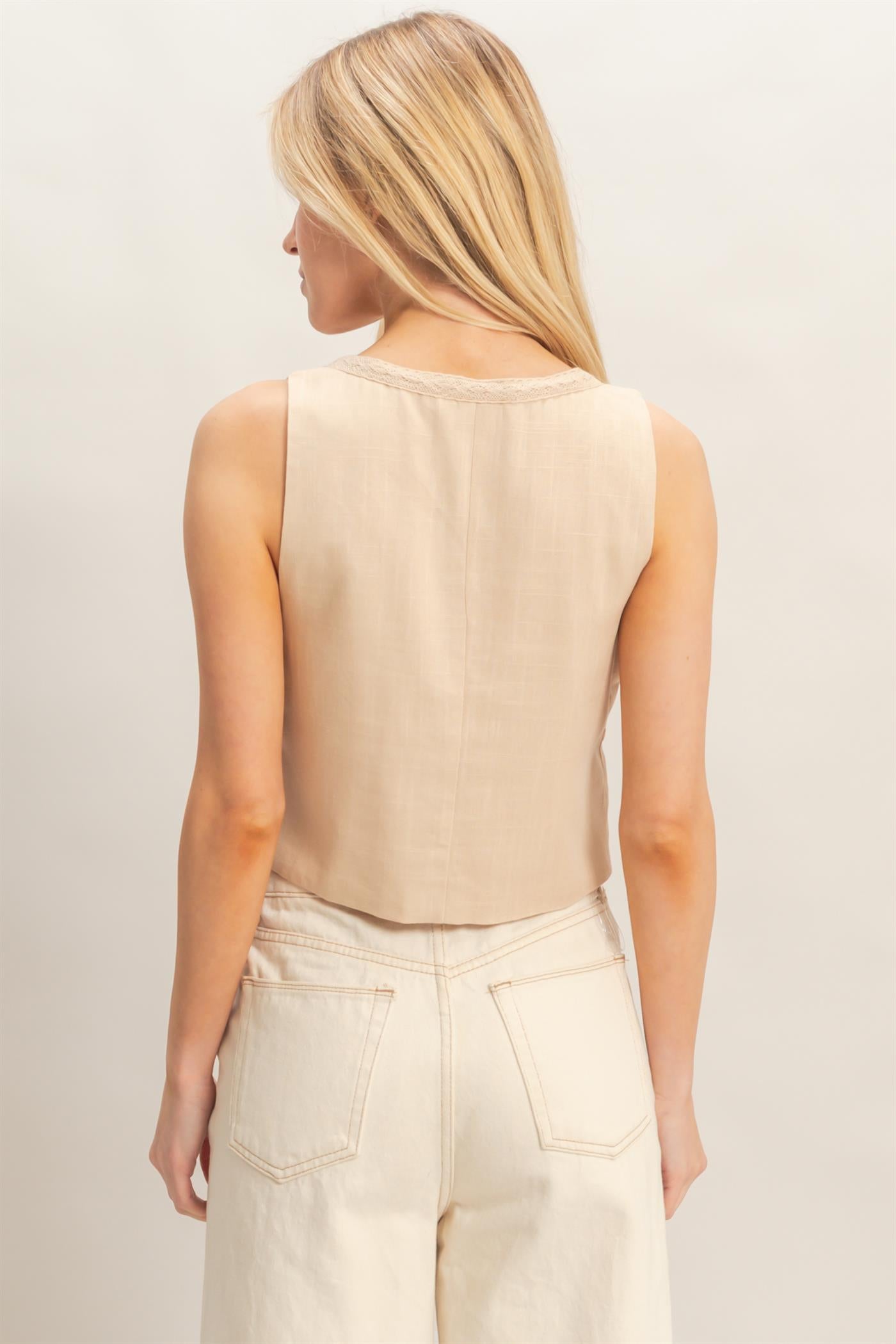 Wholesale Sleeveless Tie-Front Top Blouses HF26C298 BEIGE HYFVE