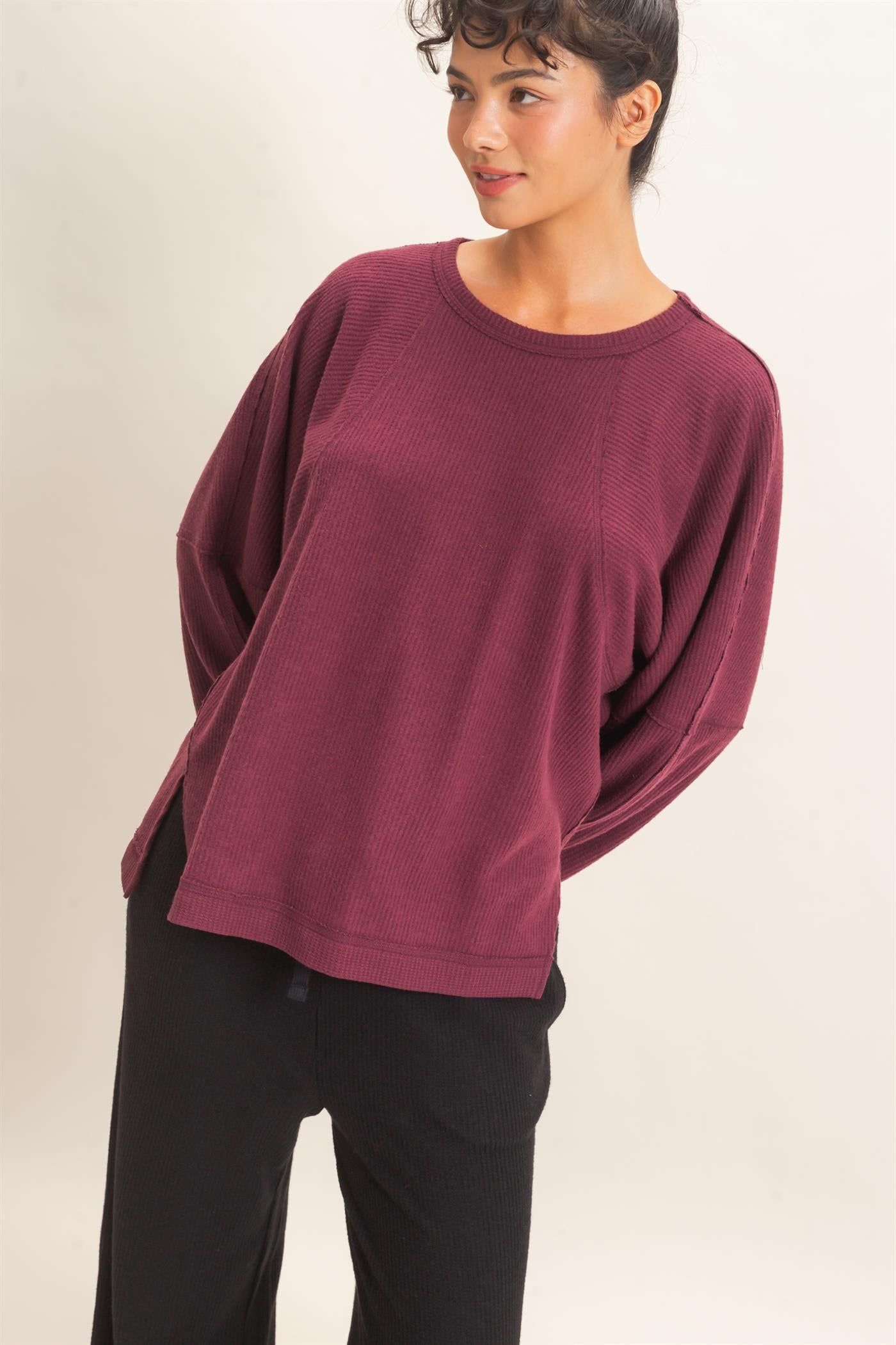 Wholesale Brushed Waffle Long Sleeve Top Clothing Tops DZ26F312 DARK CHERRY DOUBLE ZERO
