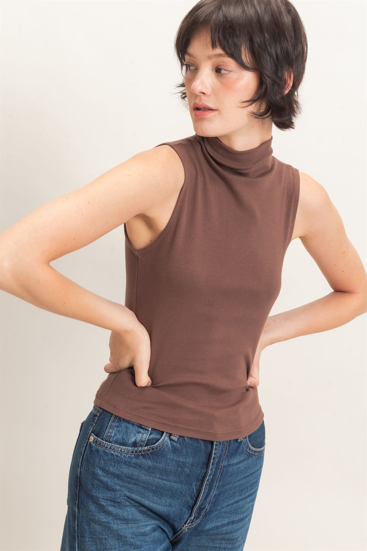 Wholesale Sleeveless Mock Neck Top Clothing Tops DZ26E397 DARK BROWN DOUBLE ZERO