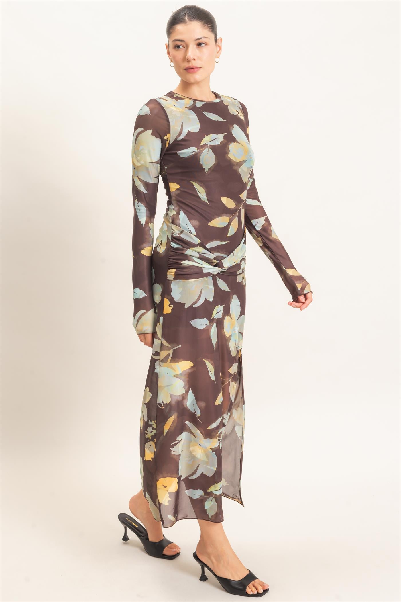Wholesale Floral Mesh Knit Dress Dresses HF26E307 BROWN HYFVE