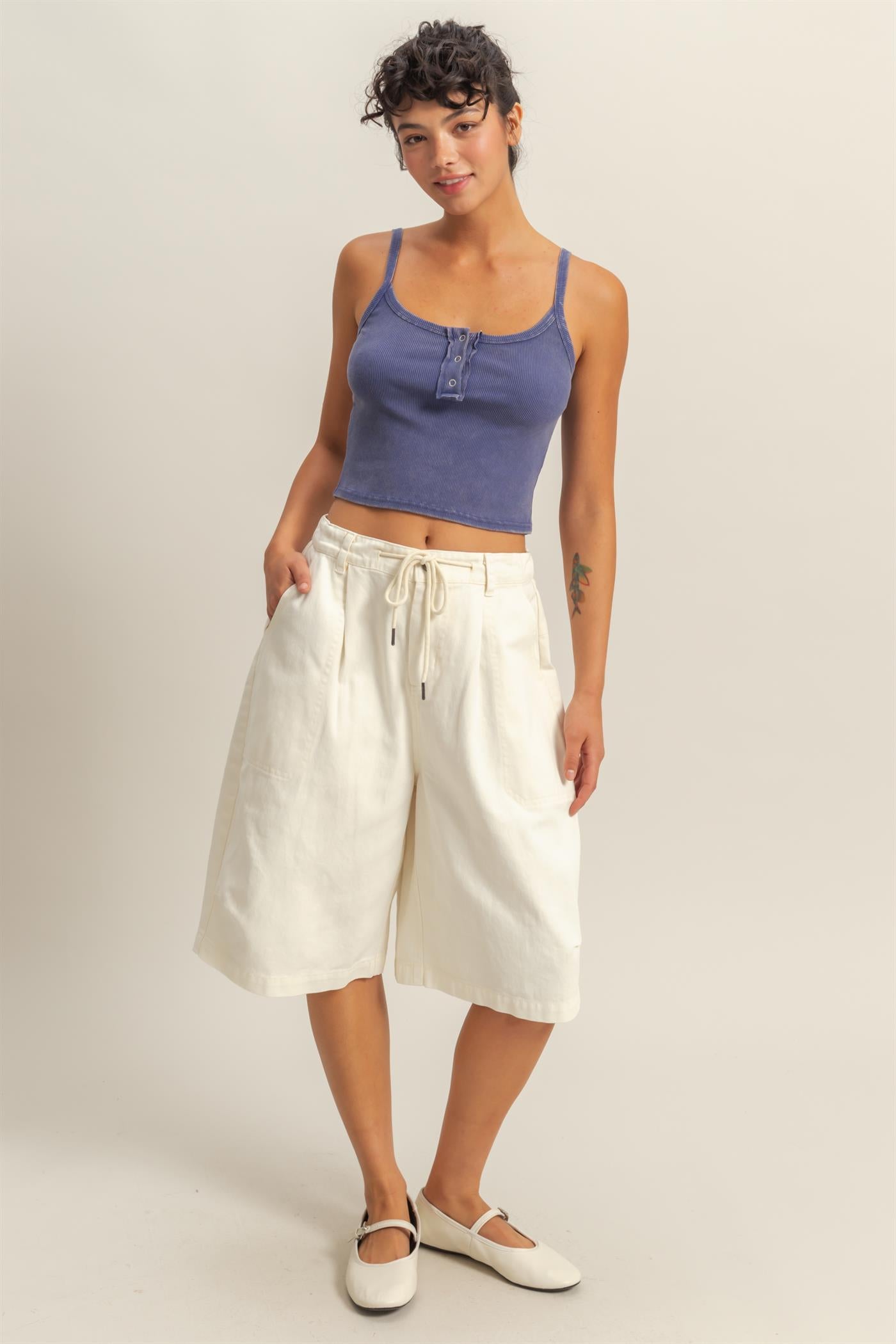 Wholesale Drawstring Waist Wide Leg Jorts Shorts DZ26F283 CREAM DOUBLE ZERO