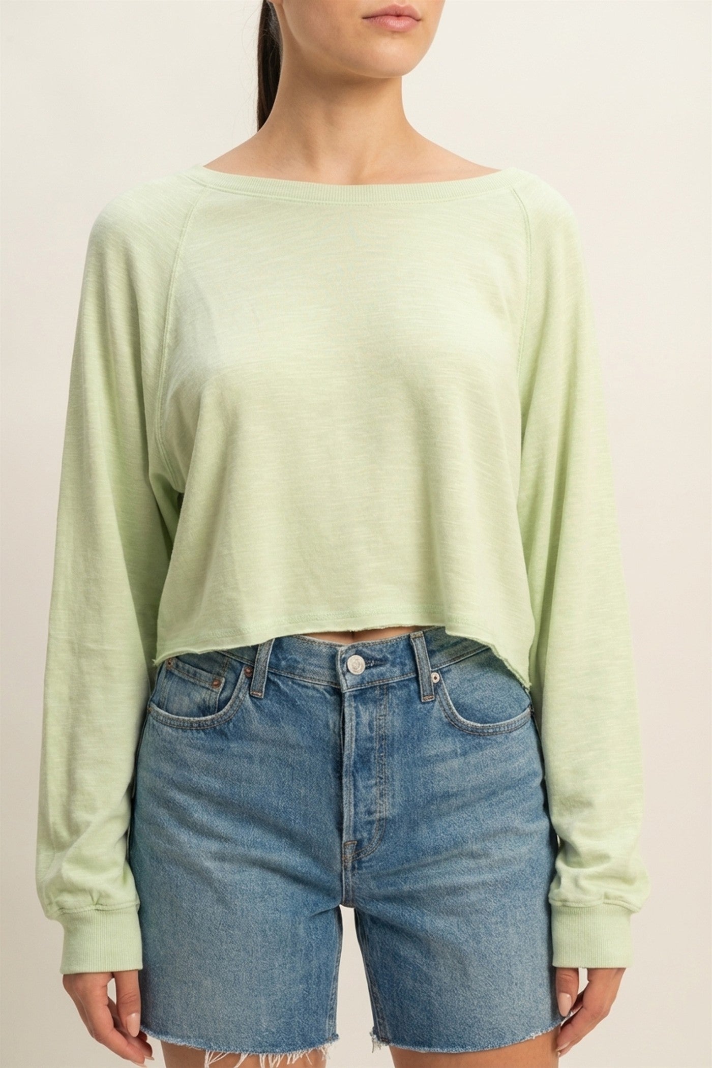 Wholesale Long Sleeve Round Neck Top Clothing Tops DZ22E691 PASTEL GREEN DOUBLE ZERO