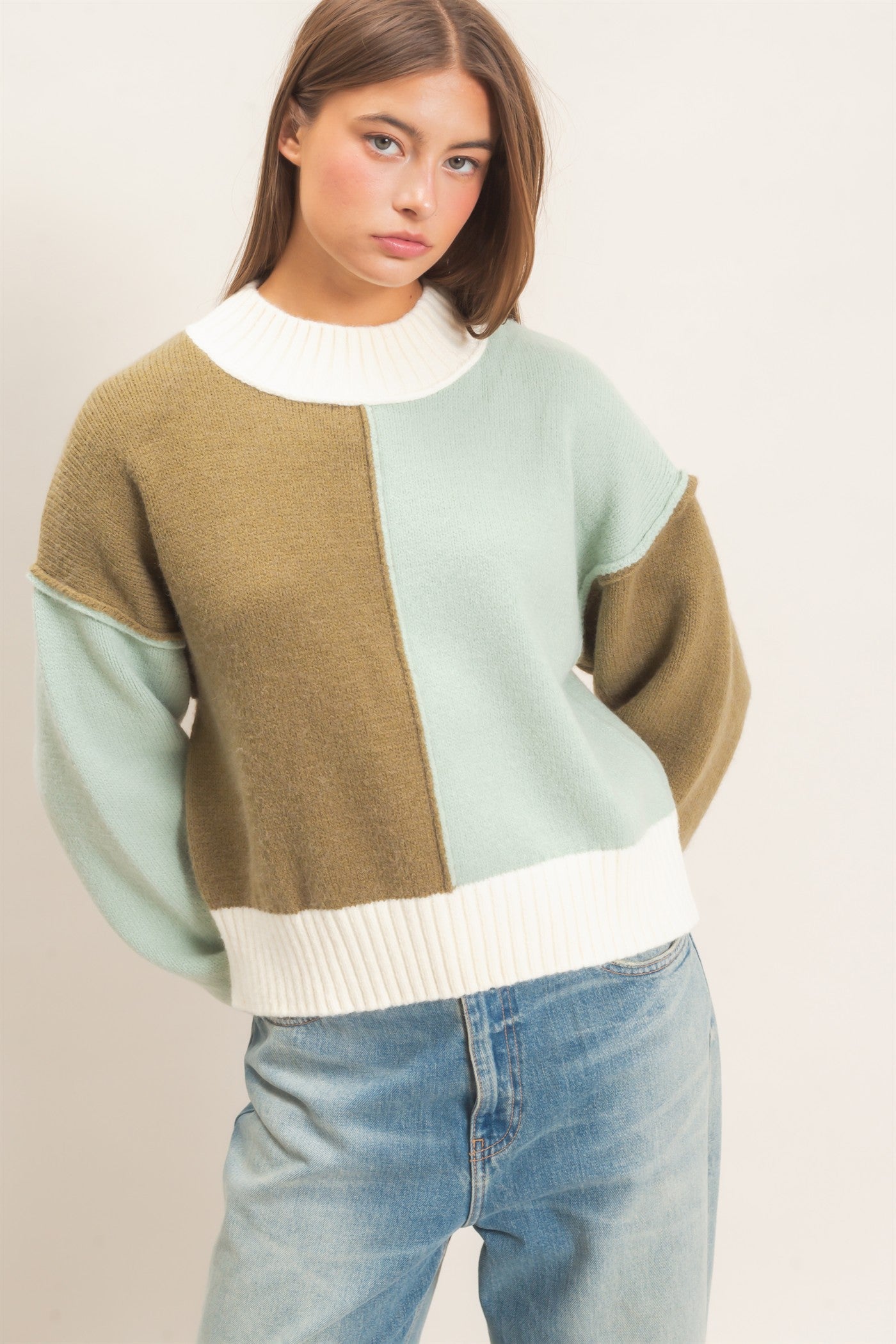 Wholesale Color Block Mock Neck Sweater Sweaters DZ27A211 OLIVE DOUBLE ZERO