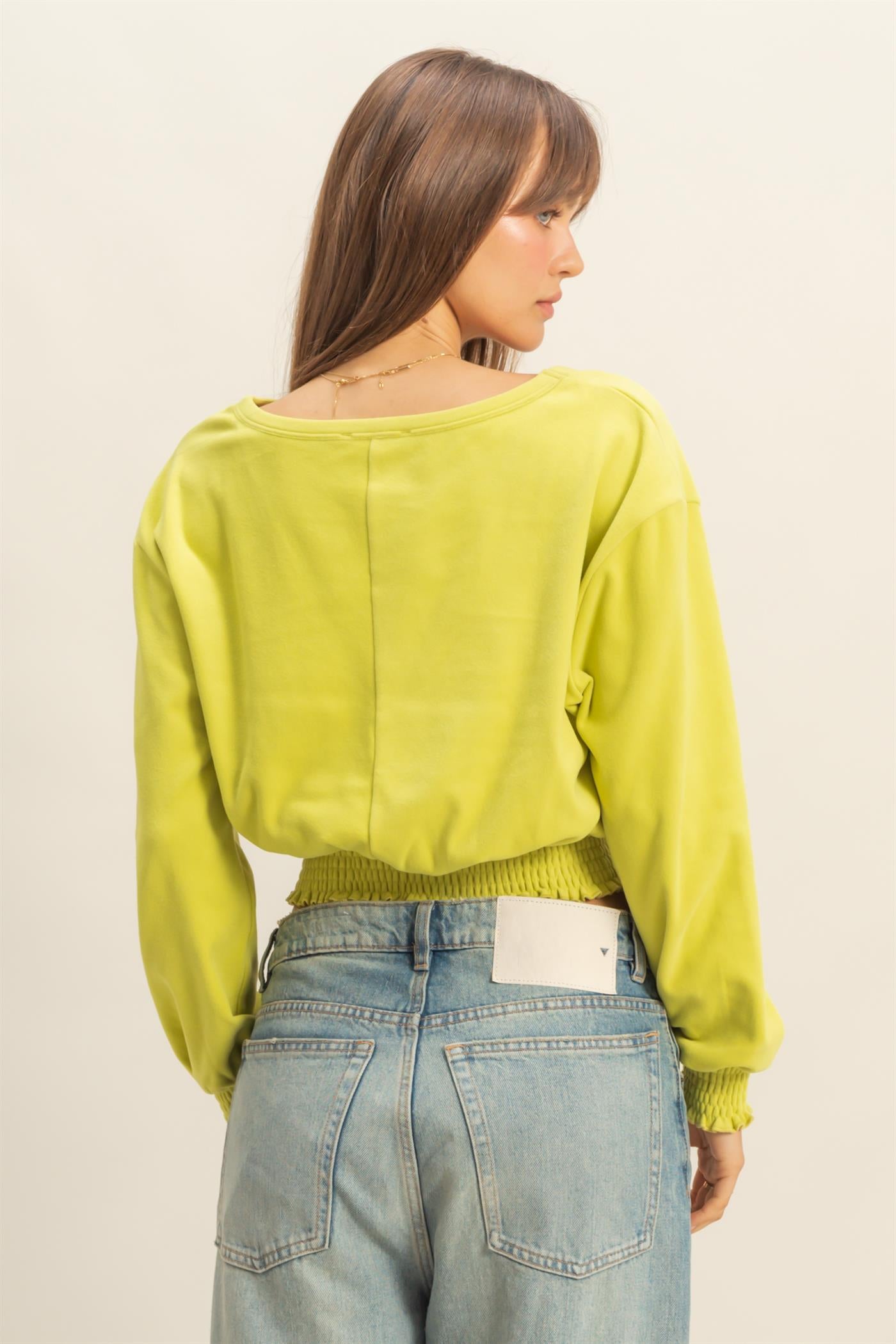Wholesale Brushed Knit Smocked Crop Top Clothing Tops HF24C116 LIME HYFVE
