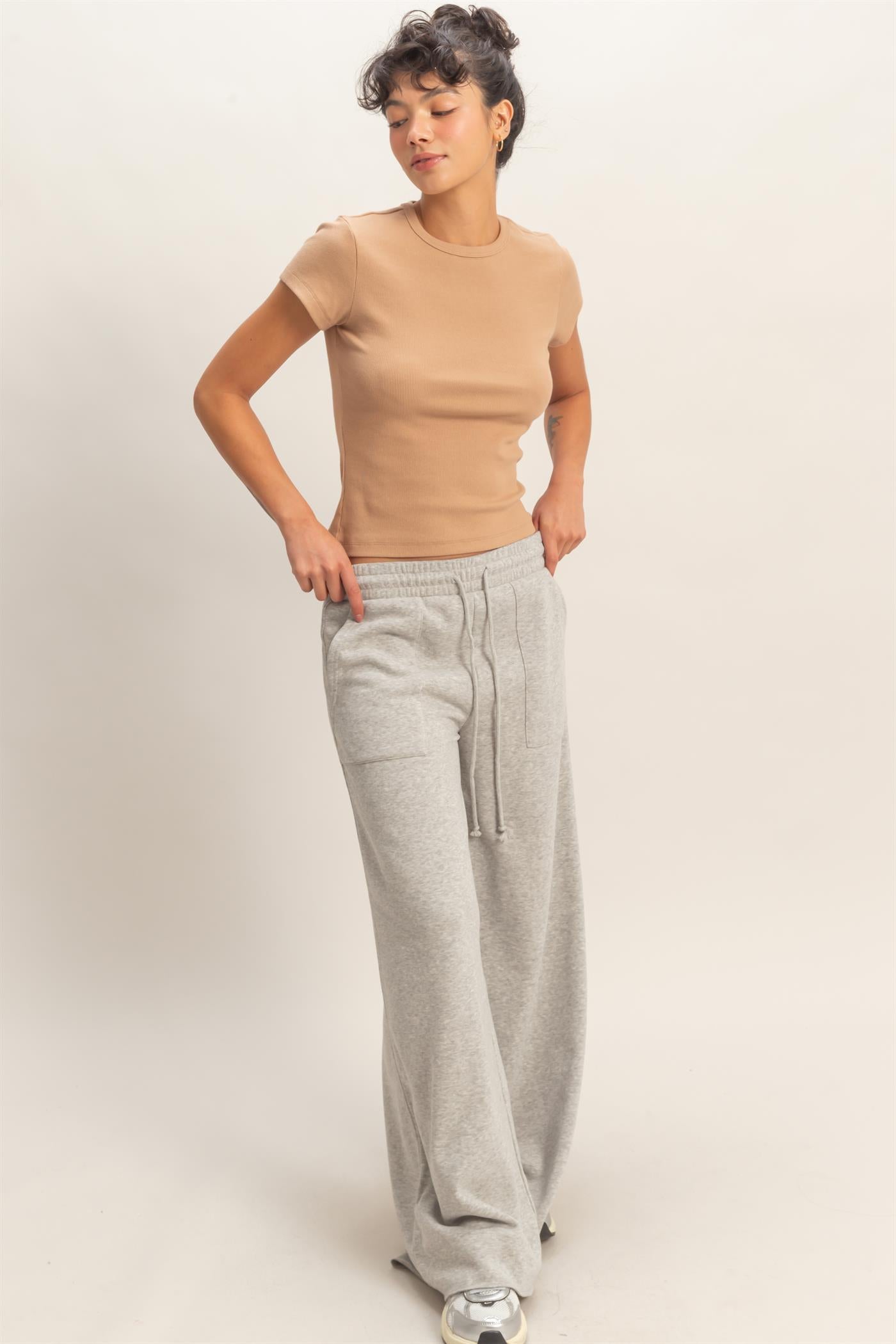 Wholesale Basic Ribbed Short Sleeve Top Clothing Tops DZ26A137 DARK TAUPE DOUBLE ZERO