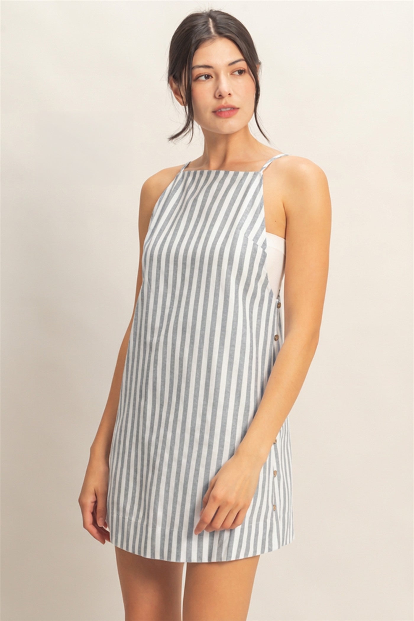 Wholesale Striped Straight Neck Mini Dress Dresses HF26C080 BLACK HYFVE