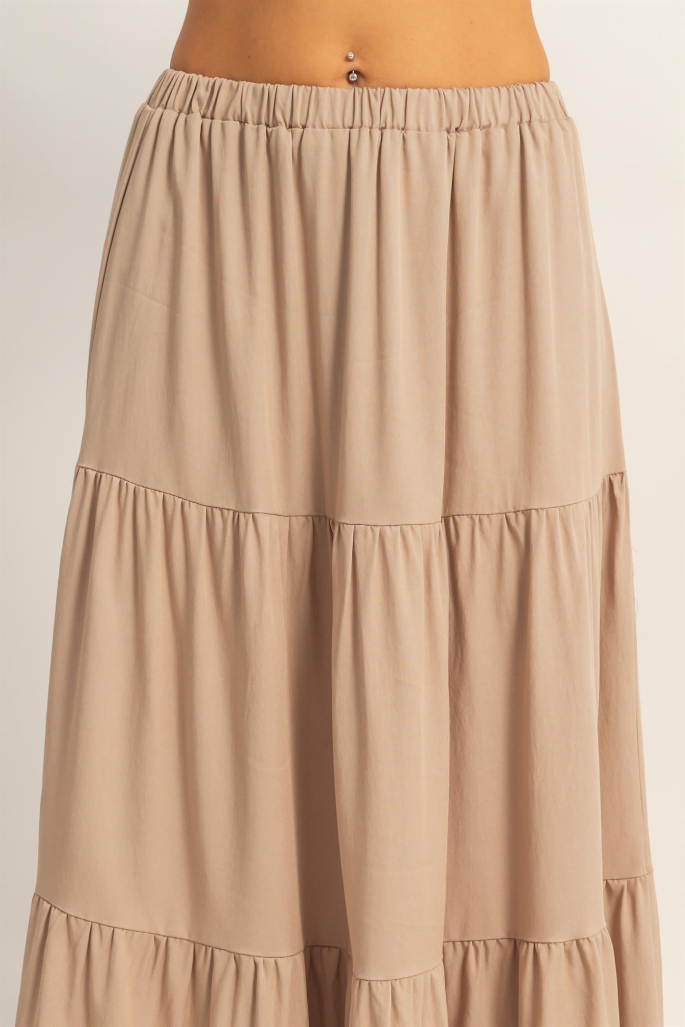 Wholesale Elastic Waist 3-Tier Skirt Skirts HF26E340-D WARM TAUPE HYFVE