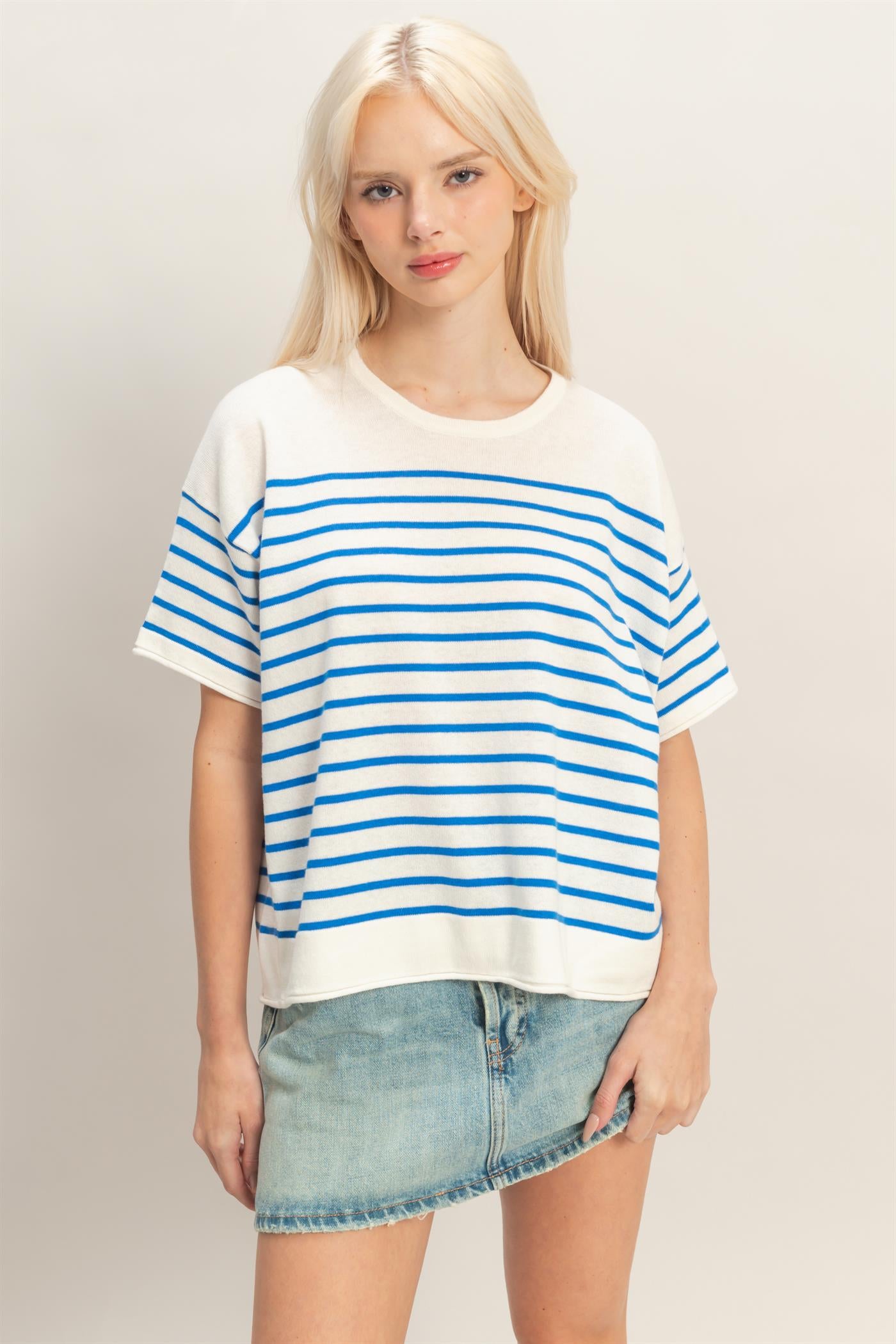 Wholesale Striped Short Sleeve Knit Top Clothing Tops DZ26A838 BLUE DOUBLE ZERO