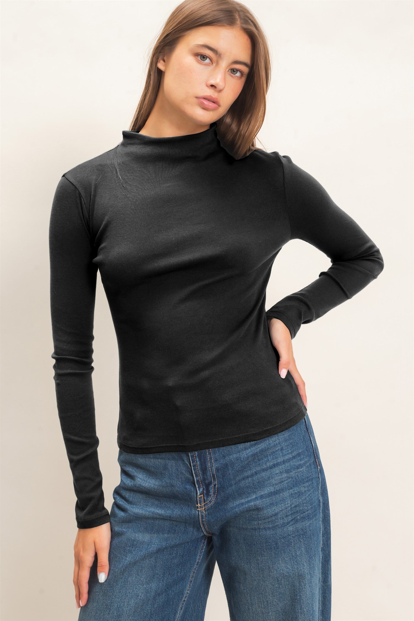 Wholesale Mock Neck Long Sleeve Top Clothing Tops DZ26F281 BLACK DOUBLE ZERO