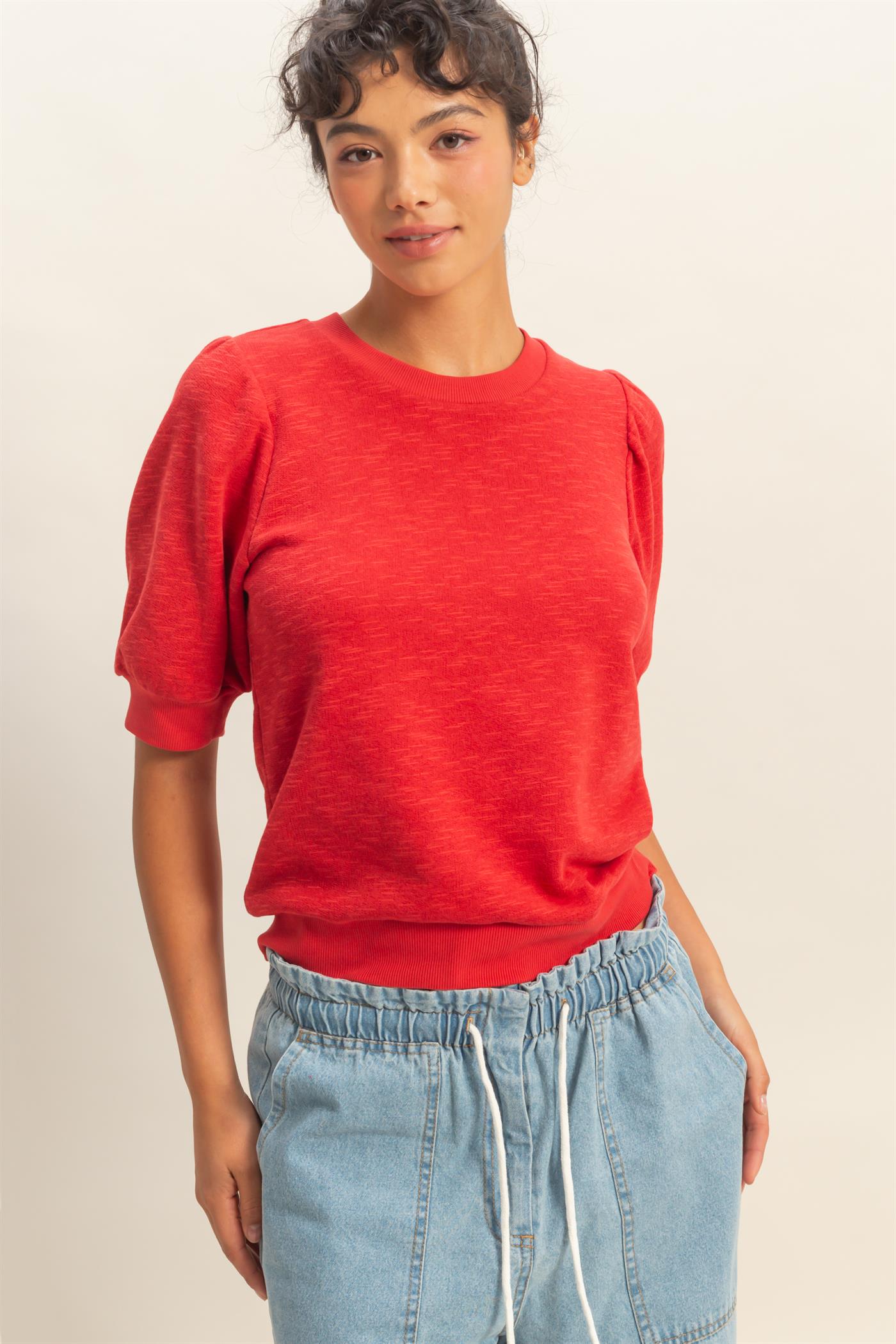 Wholesale Puff Short Sleeve Crew Neck Top Clothing Tops DZ26A927 RED DOUBLE ZERO