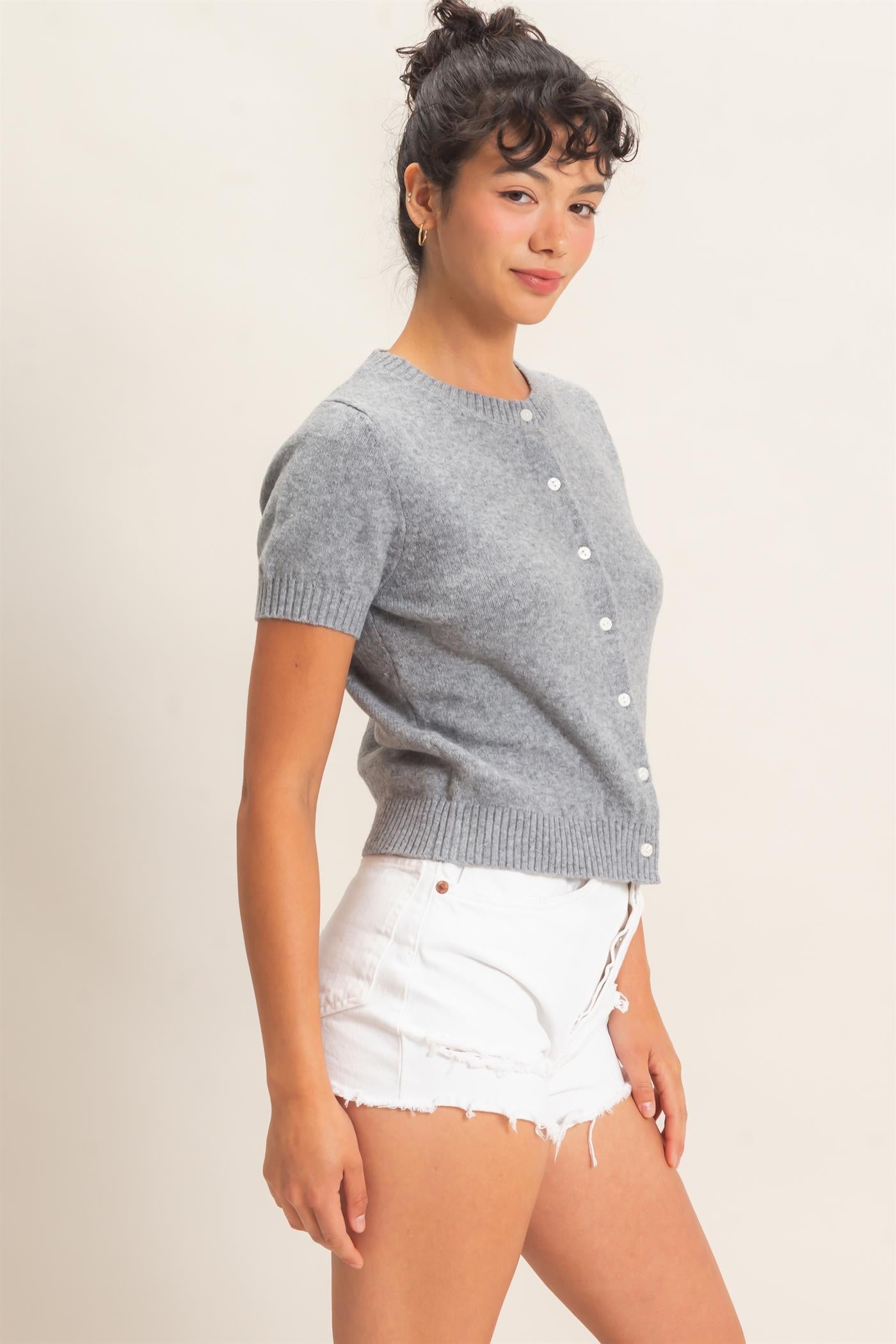 Wholesale Crew Neck Short Sleeve Cardigan Cardigans DZ26E108 HEATHER GRAY DOUBLE ZERO