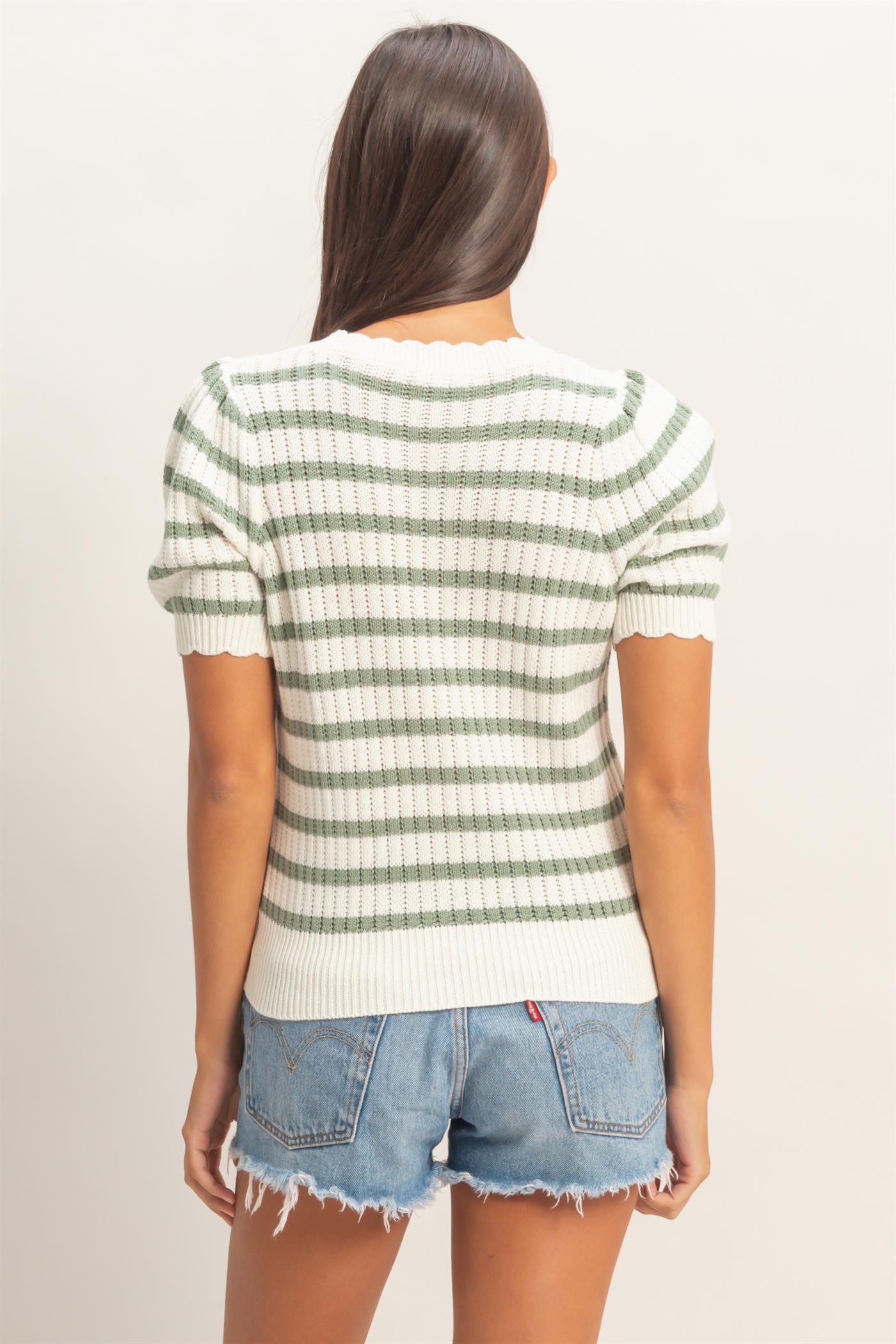 Wholesale Striped Scallop Edge Puff Sleeve Knit Top Shirts DZ26A284 SAGE GREEN DOUBLE ZERO