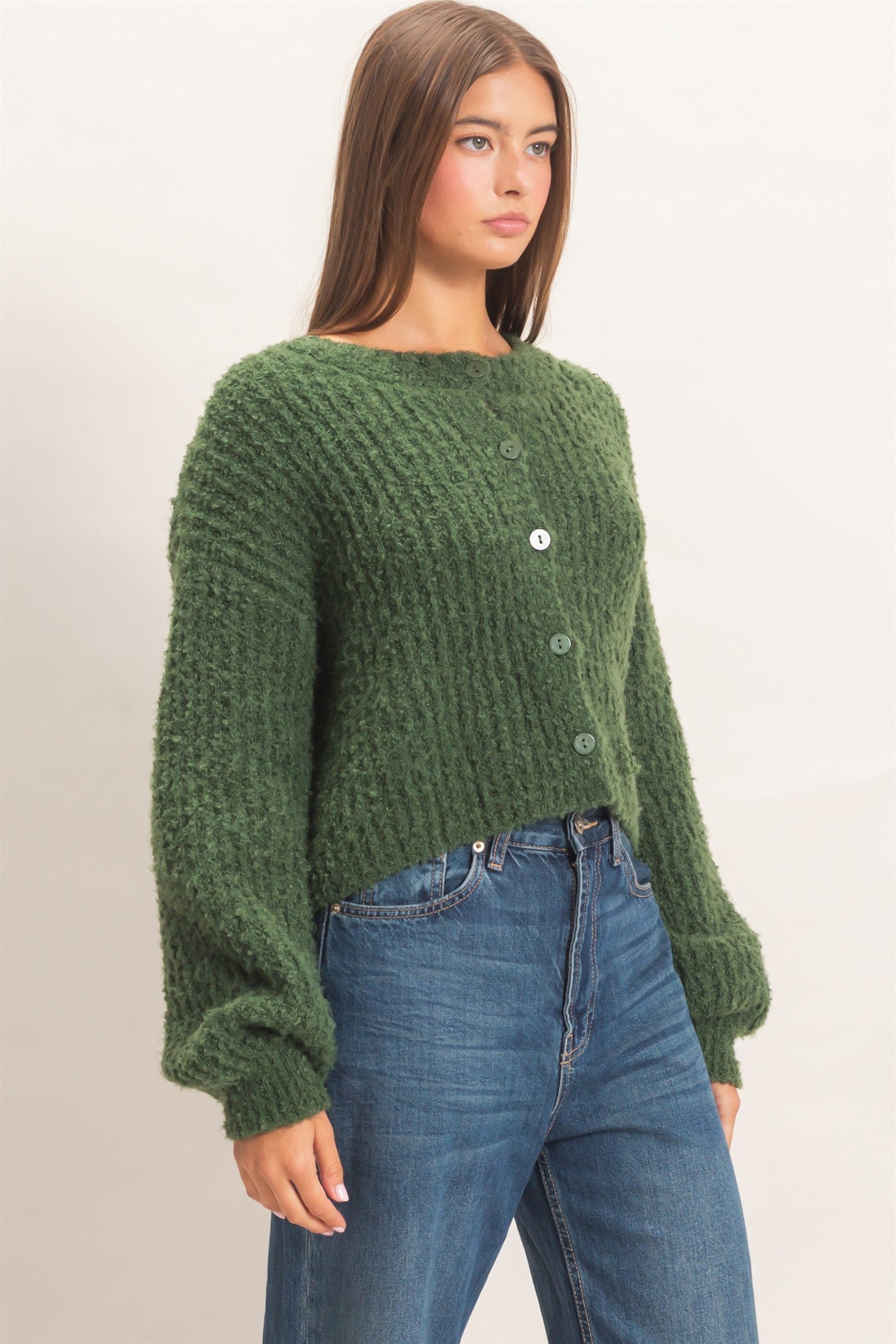 Wholesale Boucle Knit Button Front Cardigan Cardigans DZ26E270 DARK GREEN DOUBLE ZERO