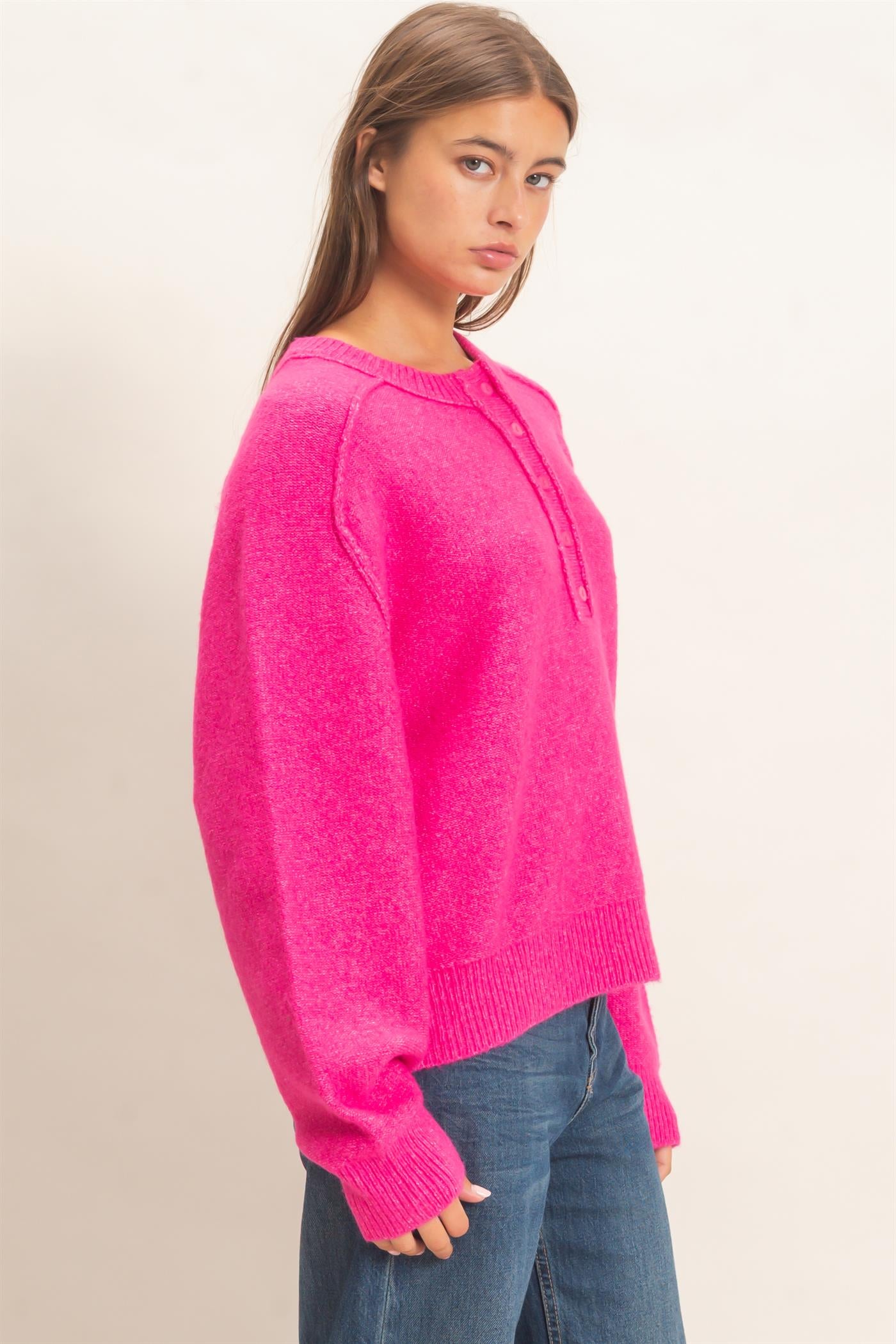 Wholesale Henley Sweater With Reverse Seams Sweaters DZ26F004 FUCHSIA DOUBLE ZERO
