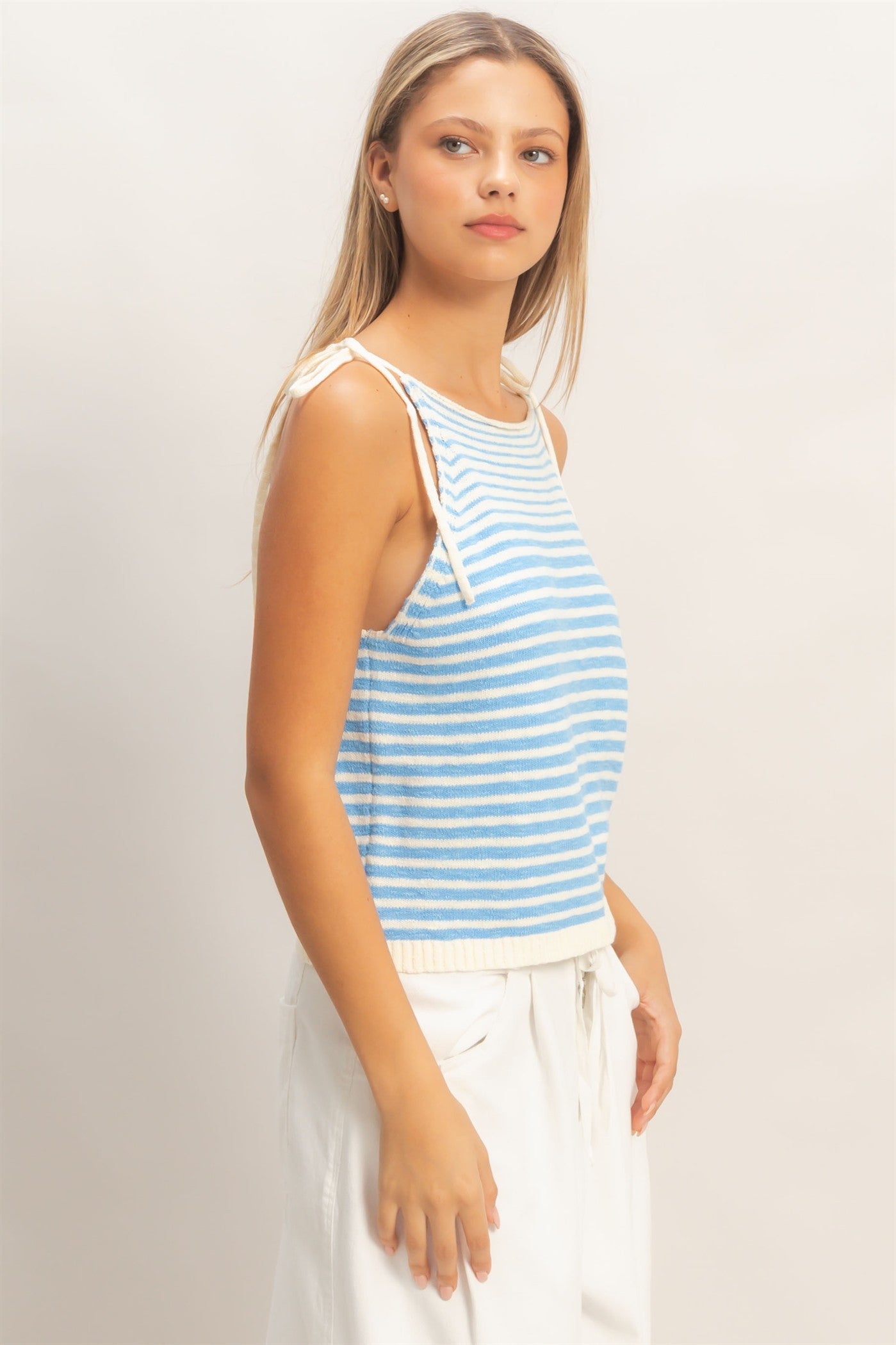 Wholesale Striped Knit Tie-Strap Tank Sweaters HF26A184 SKY BLUE HYFVE