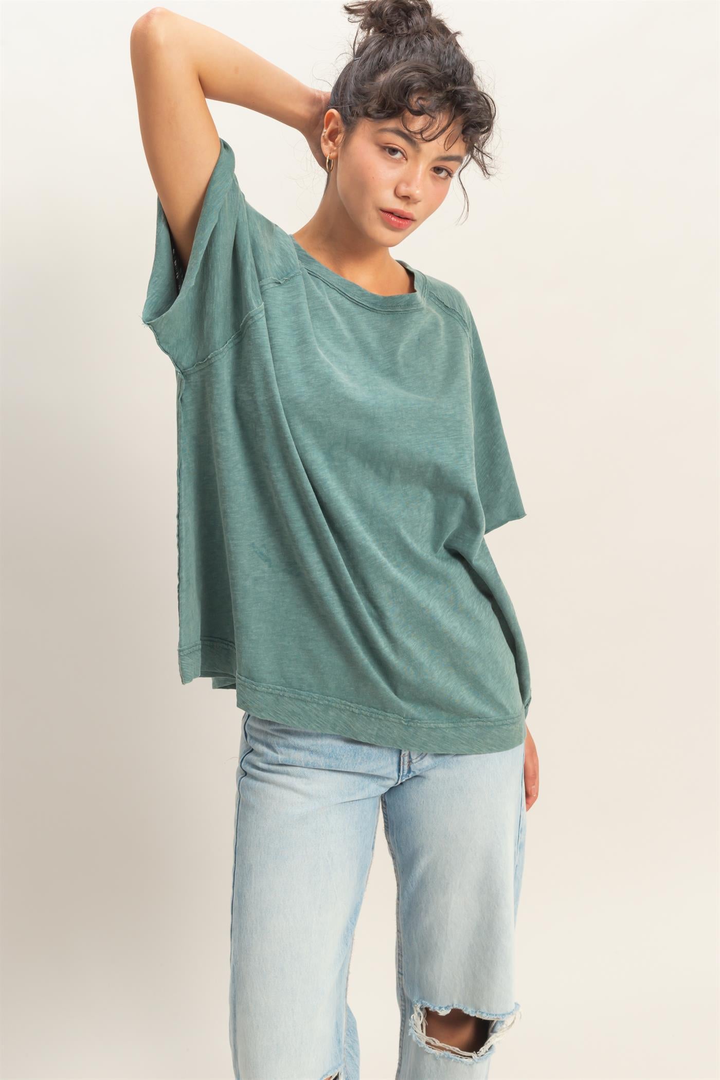 Wholesale Acid Washed Oversized Raw Edges Raglan Tee T-Shirts DZ26A333 DARK TEAL DOUBLE ZERO