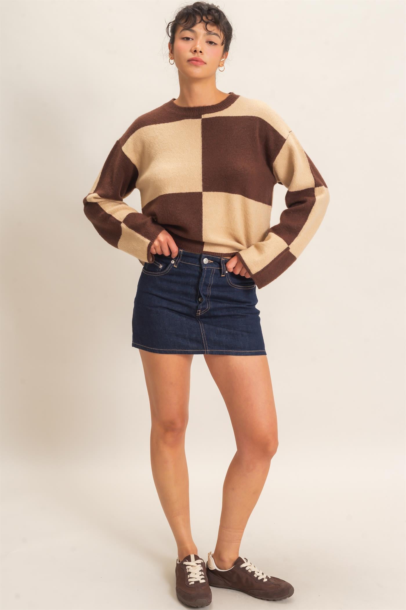 Wholesale Crew Neck Checkered Sweater Sweaters DZ26C980 DARK BROWN DOUBLE ZERO