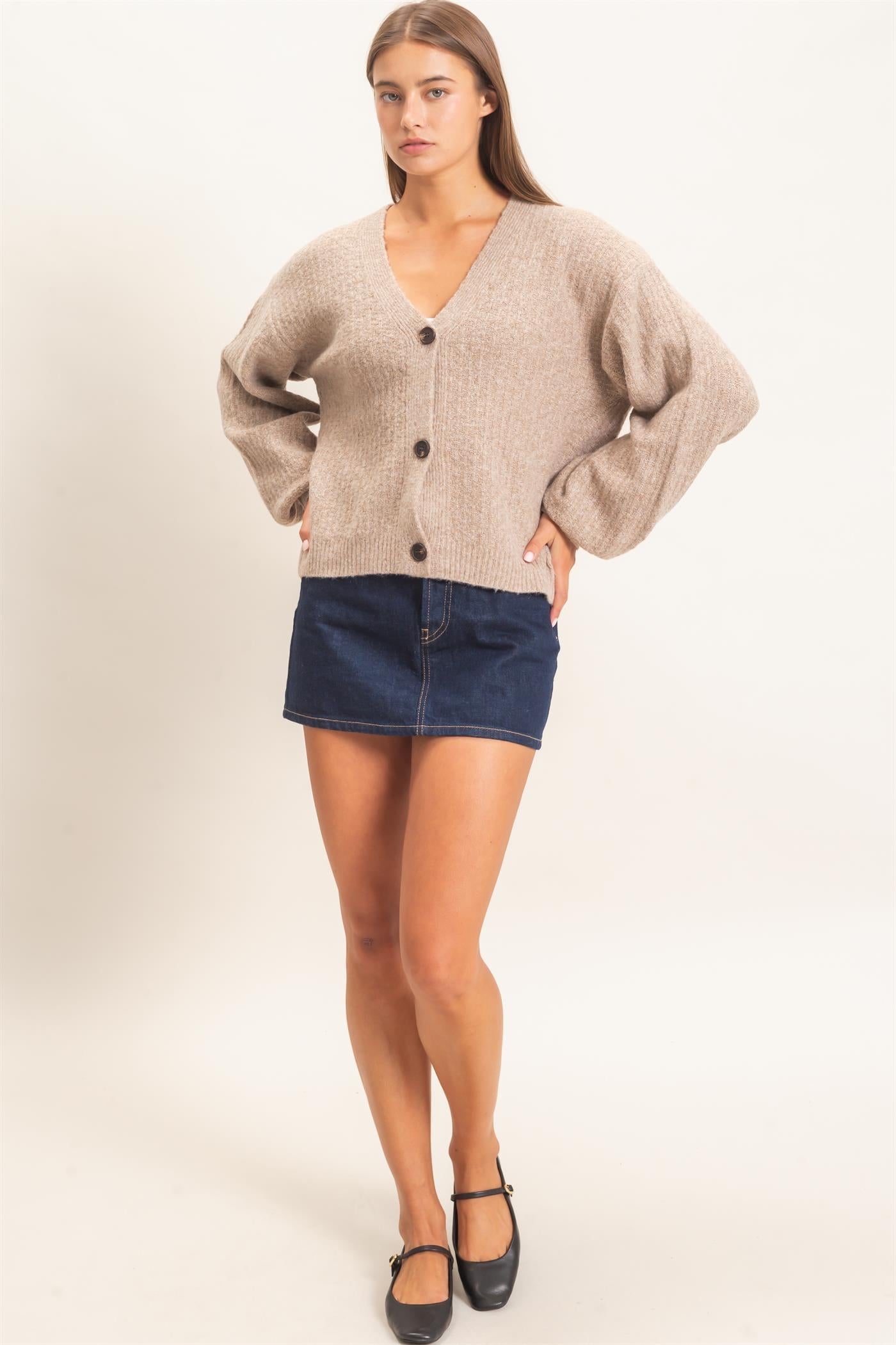 Wholesale Textured V-Neck Cardigan Cardigans DZ26E080 DARK TAUPE DOUBLE ZERO