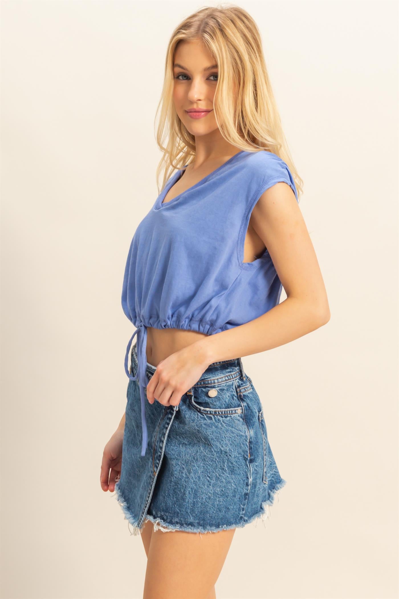 Wholesale Cap Sleeve Drawstring Waist Knit Top Clothing Tops HF25C879 VIOLET BLUE HYFVE